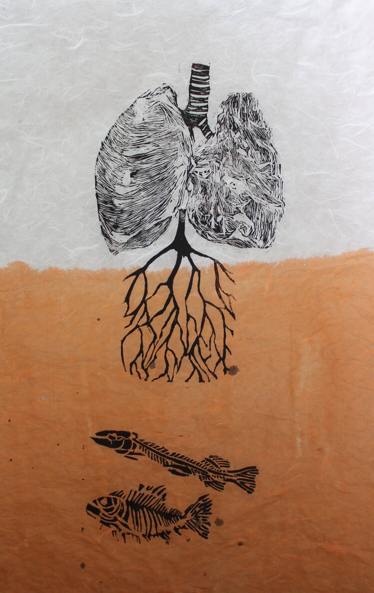 MUD FOSSIL LUNG I KOREAN MULBERRY PAPER LINOCUT PRINT 11 X 21 2021