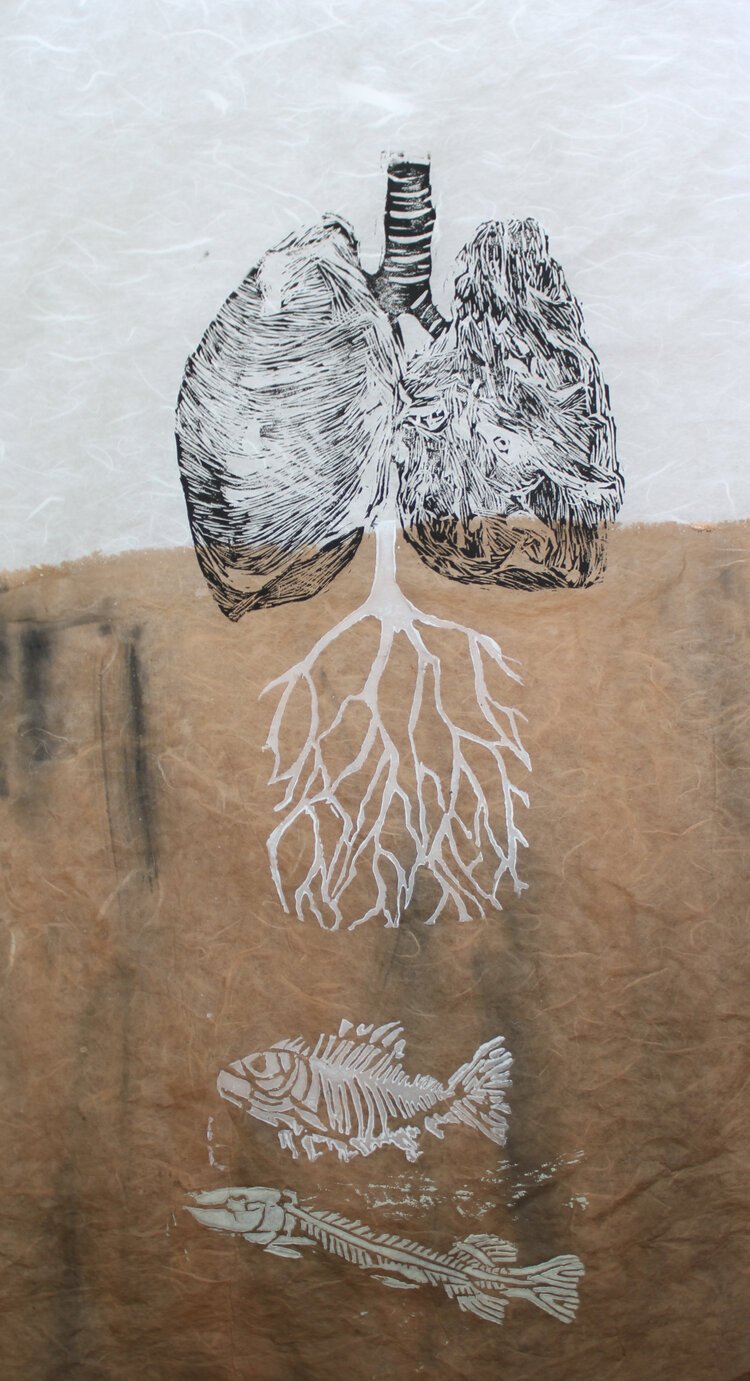 MUD FOSSIL LUNG II KOREAN MULBERRY PAPER LINOCUT PRINT 11 X 21 2021