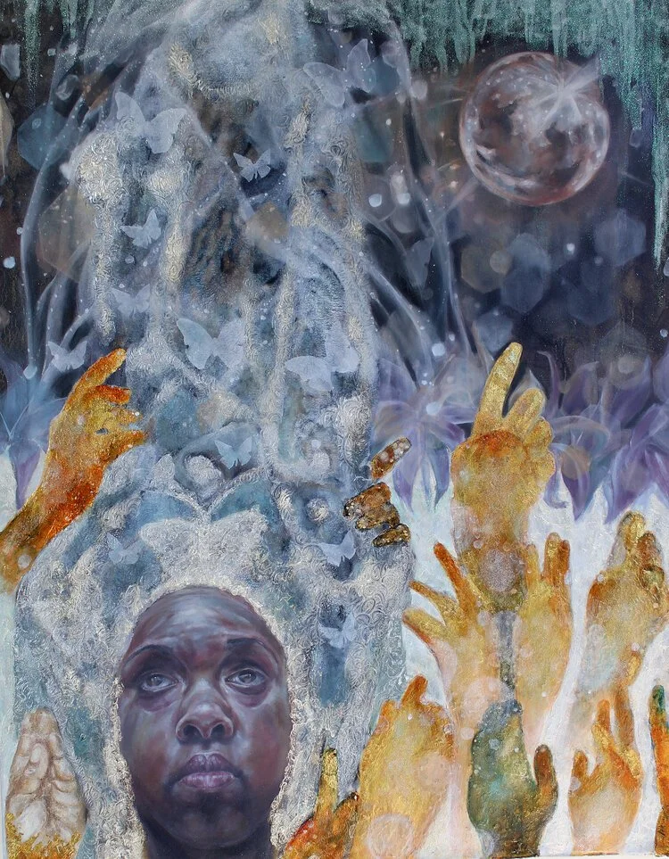 WOOL -THE HEAVENS WILL SERVE AS SIGNS
MIXED MEDIA: INK, EMBOSSING, OIL PAINT, GOLD LEAF
31 x 24