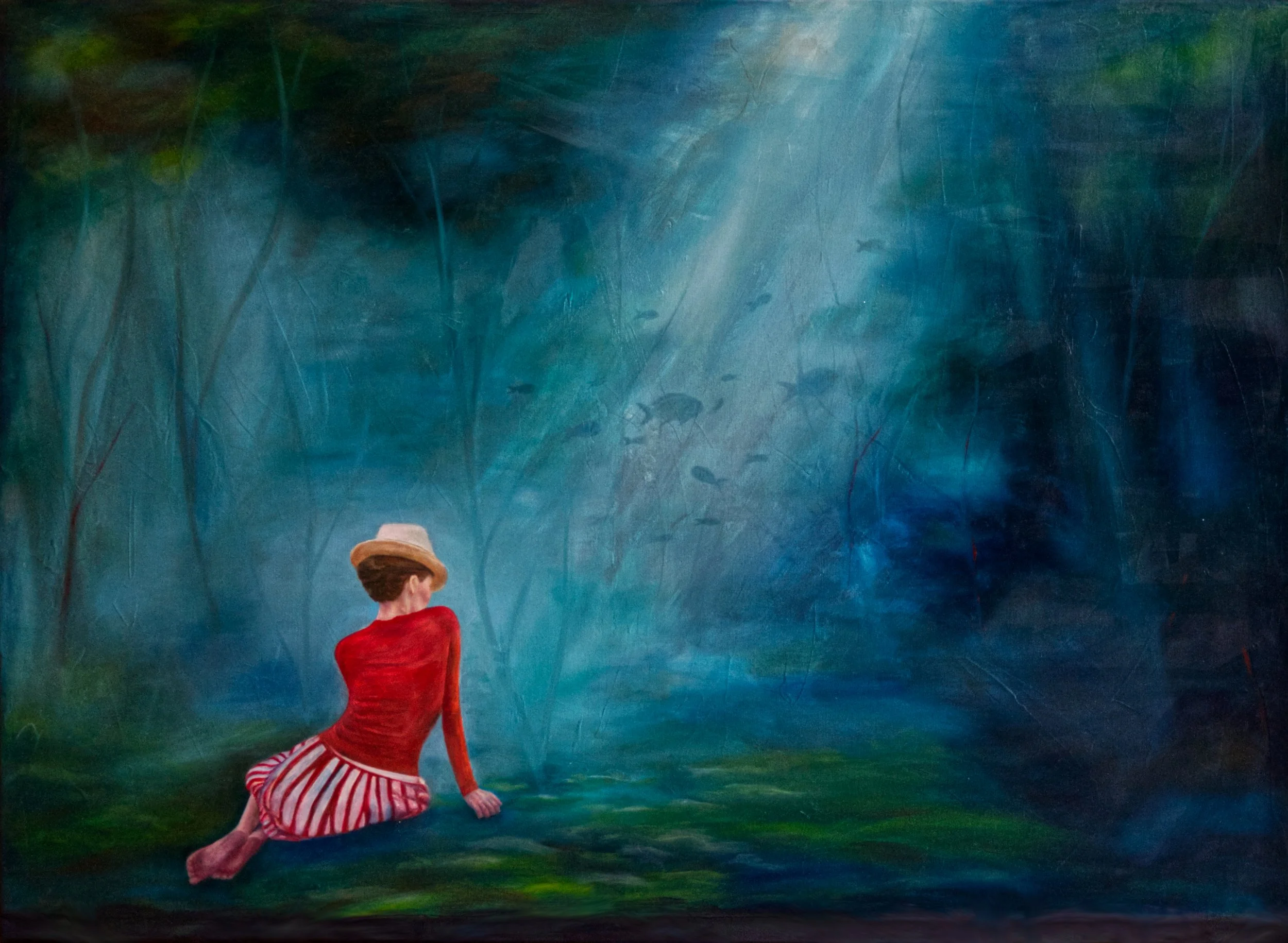 Ölbild; Frau Waldboden; Frau unter Wasser