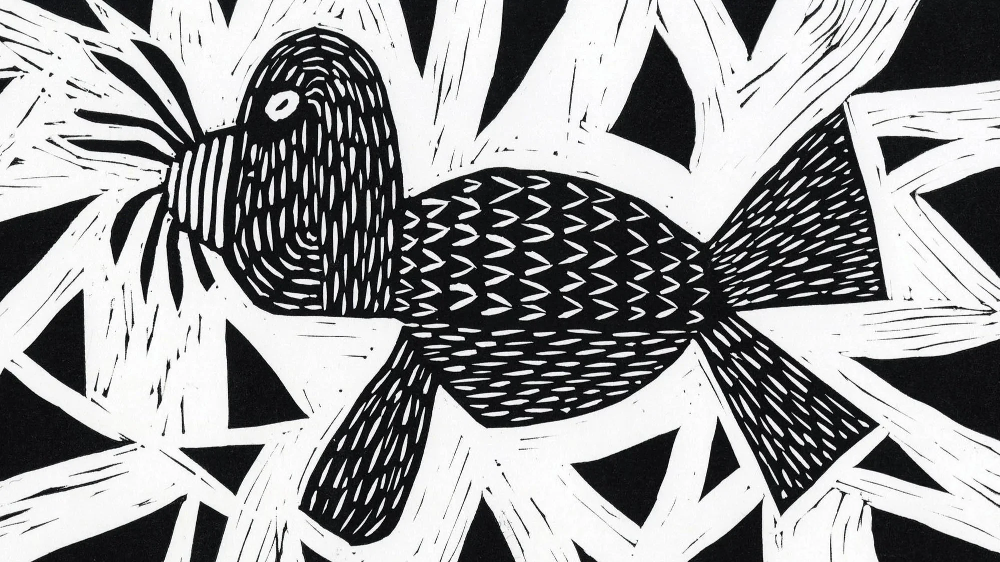 Black and white abstract illustration of a seal surrounded by angular shapes and lines.