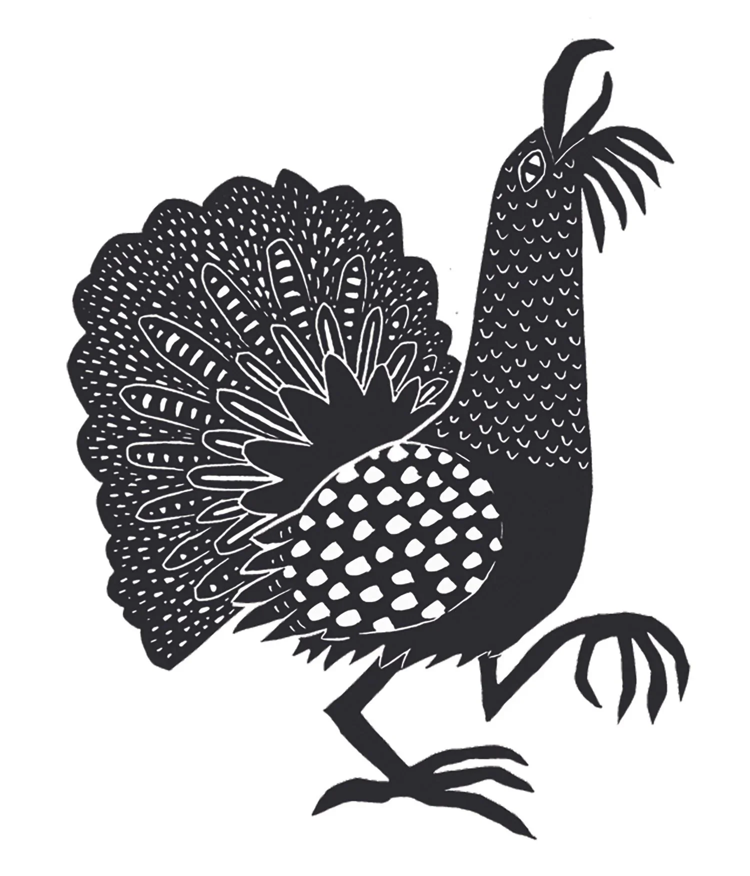 Black and white illustration of a Capercaillie with detailed feather patterns on its body and tail, standing on one leg.
