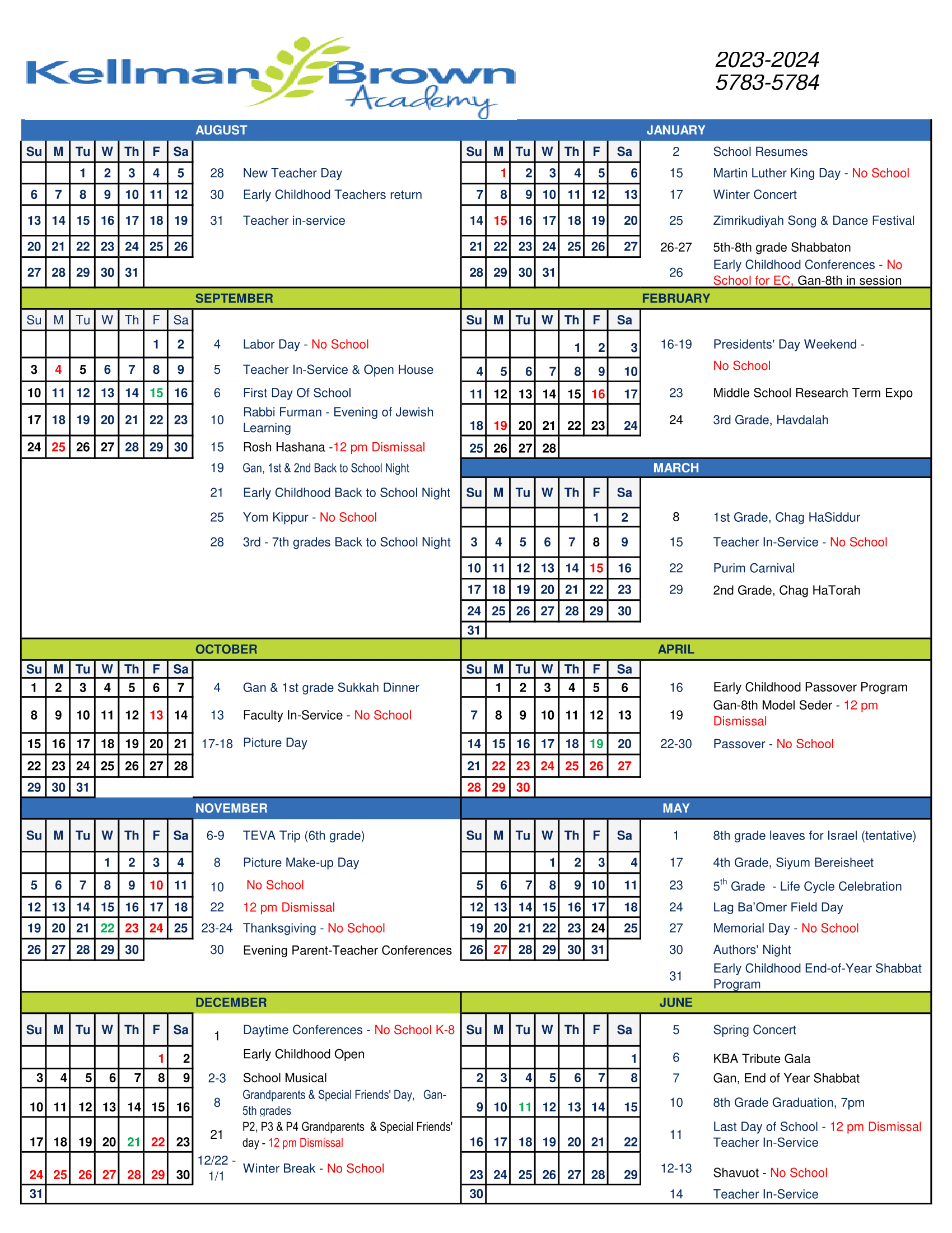 2023/2024 School Calendar — Private school Southern New Jersey, Day