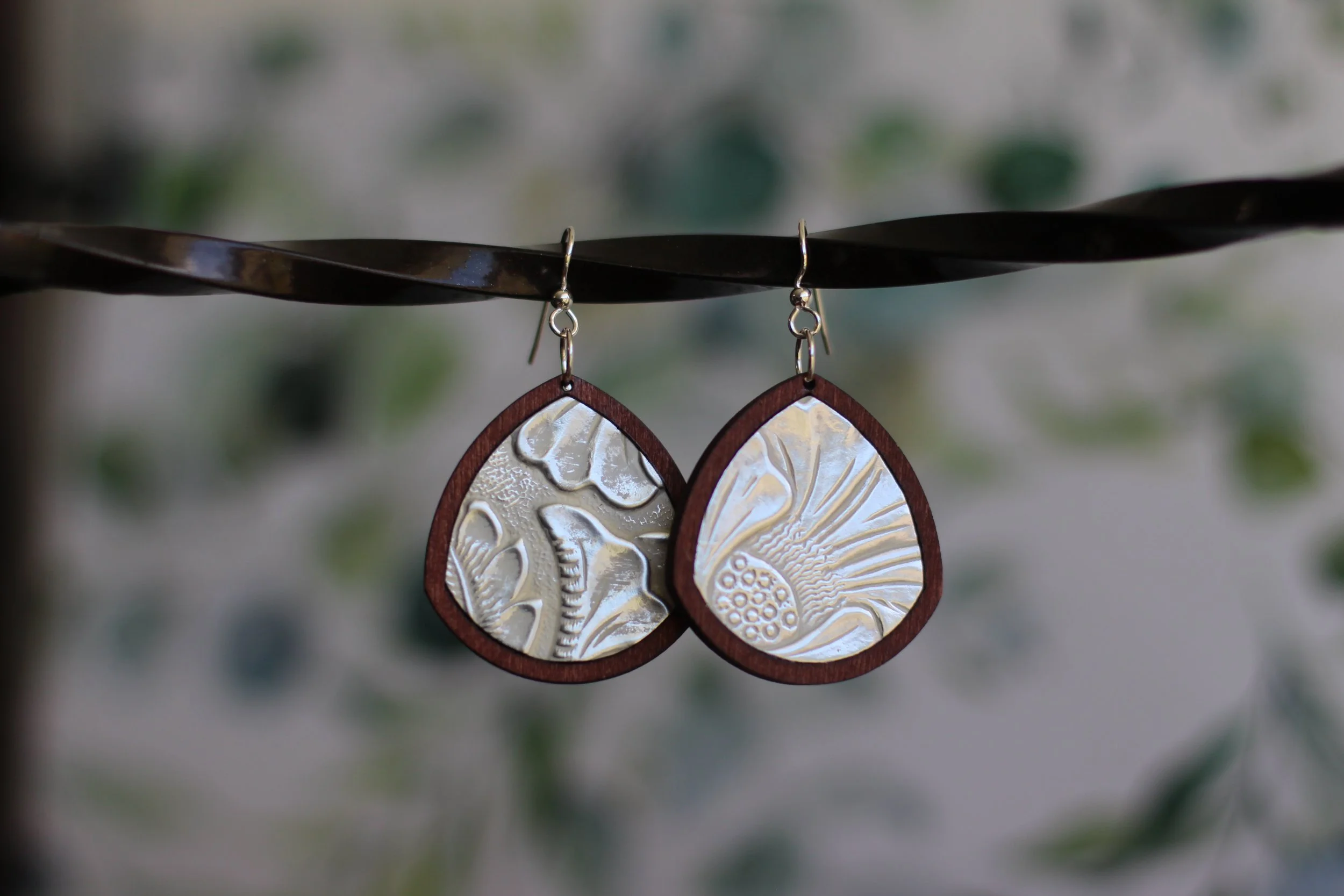 Silver Faux Leather & Wood Earring