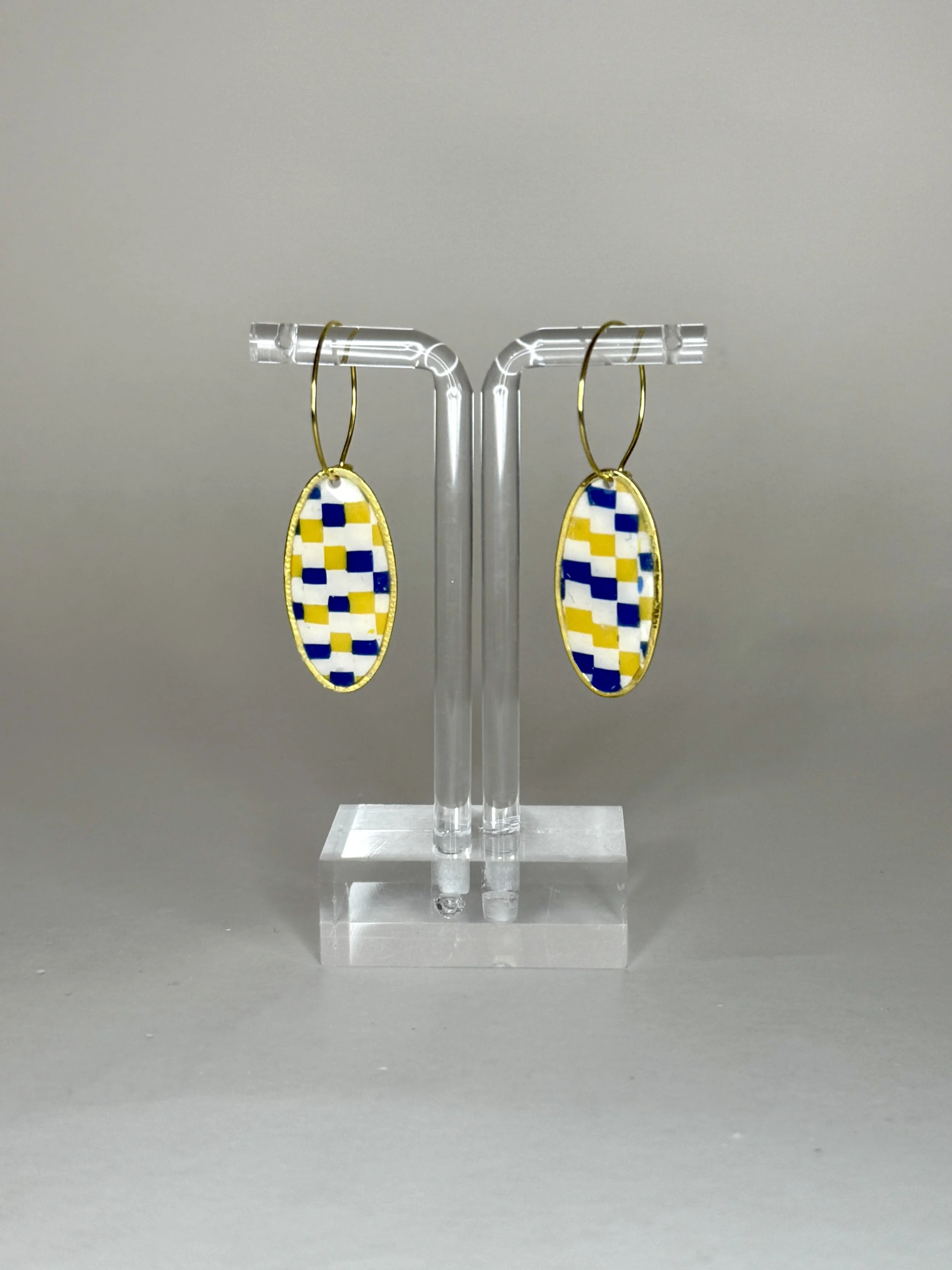 Blue & Gold Checkered Oblong Earrings
