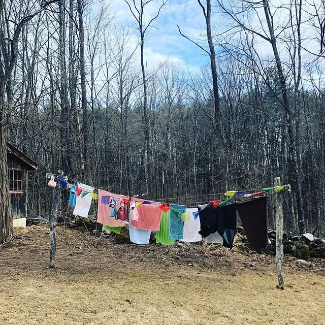 Lambing laundry on the line, drying for the next shift. #prayerflags #clothesline #goodshepherd #lambcoats #finnsheep #lambs #ialwayswantedtobeadoula #circleoflife #breatheinbreatheout