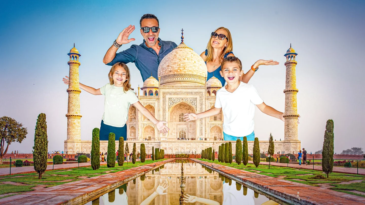 The Lockwood family outside of the Taj Mahal in Agra, India