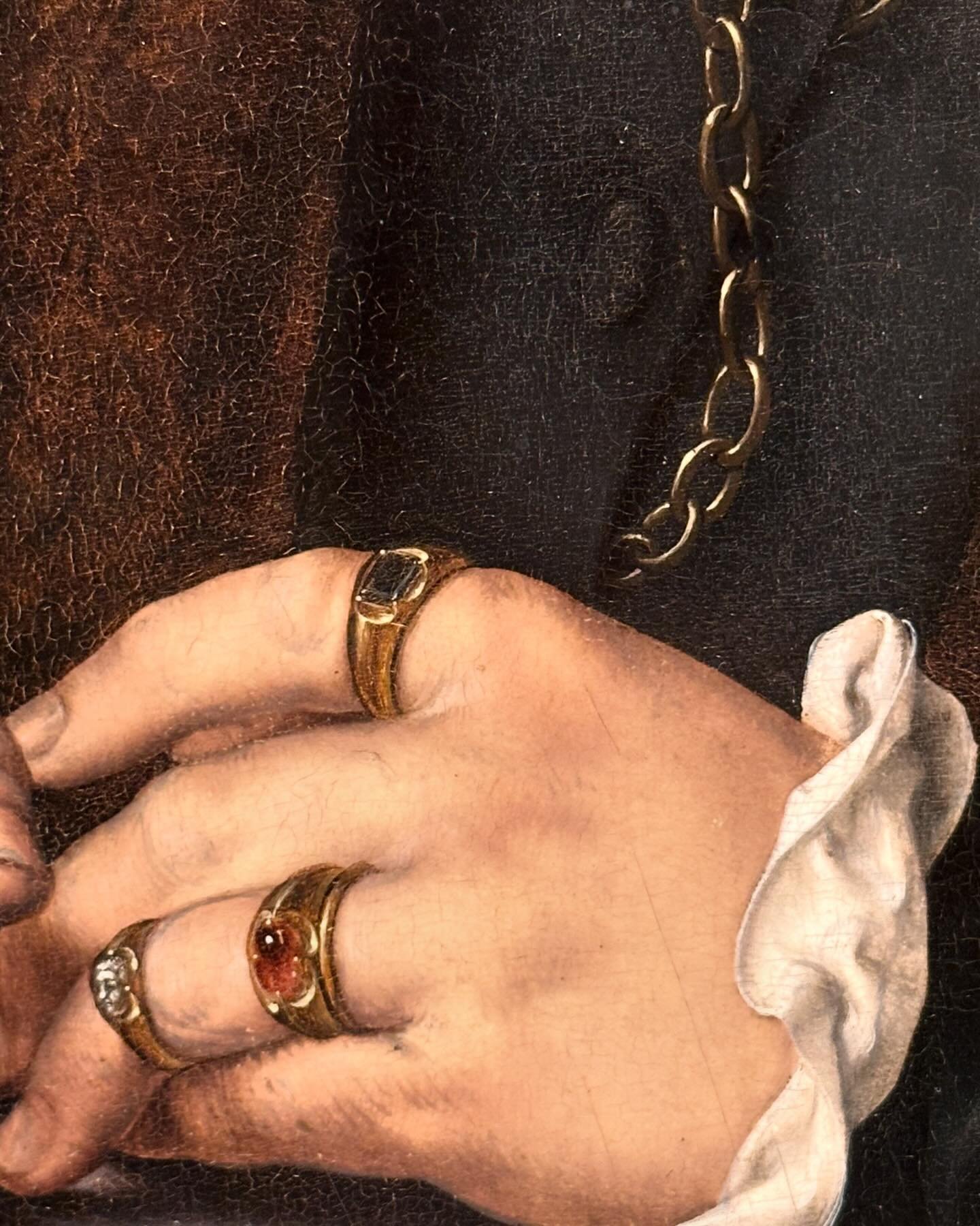 Beautiful study of gold and gemstone rings in this detail of Portrait of a Man c. 1524, an oil on panel by Jan Gossaert. Impressive gold chain too!