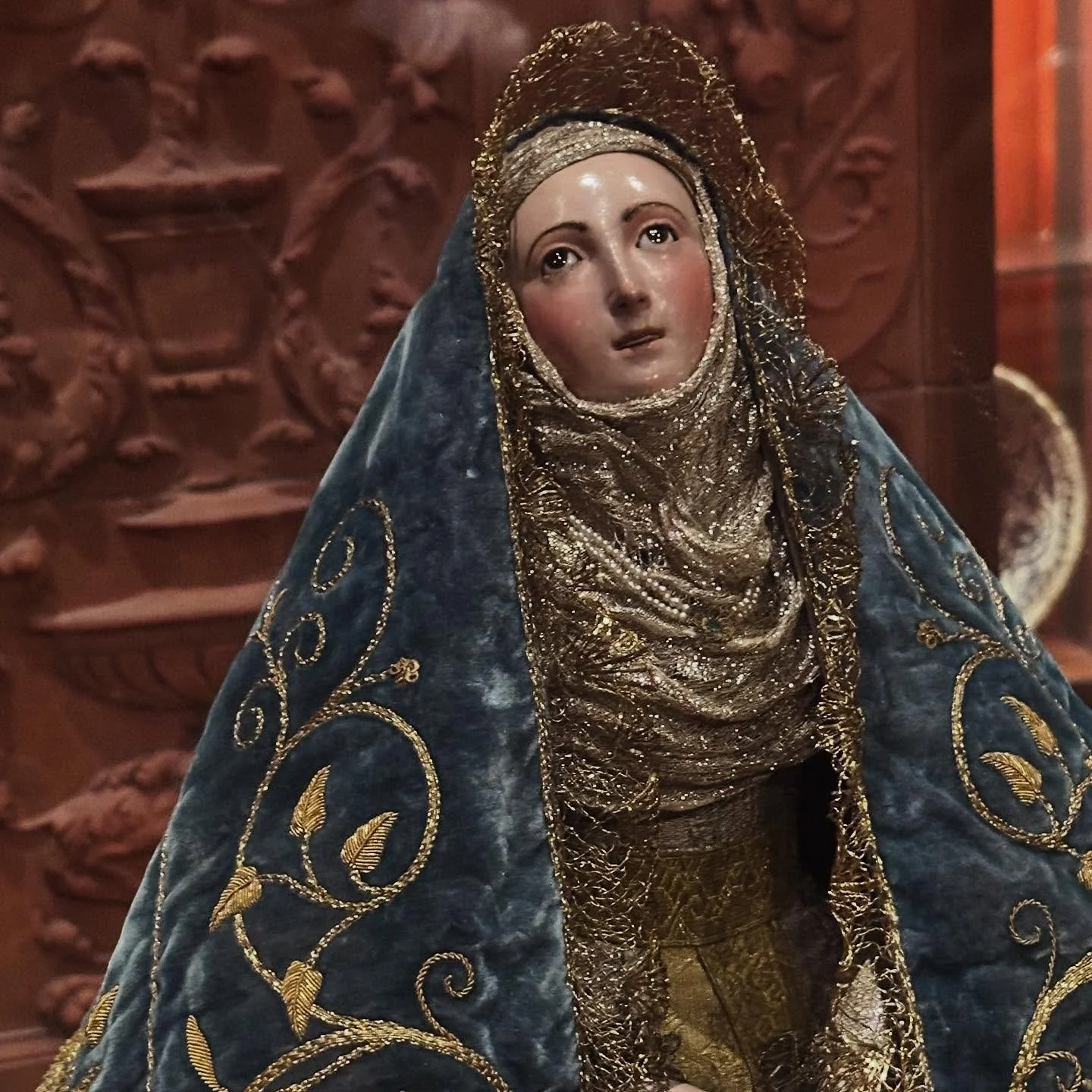 Virgin Mary, ca. 1825, Polychromed wood with glass eyes; lam&eacute;.  Also shown: the same sculpture undressed.