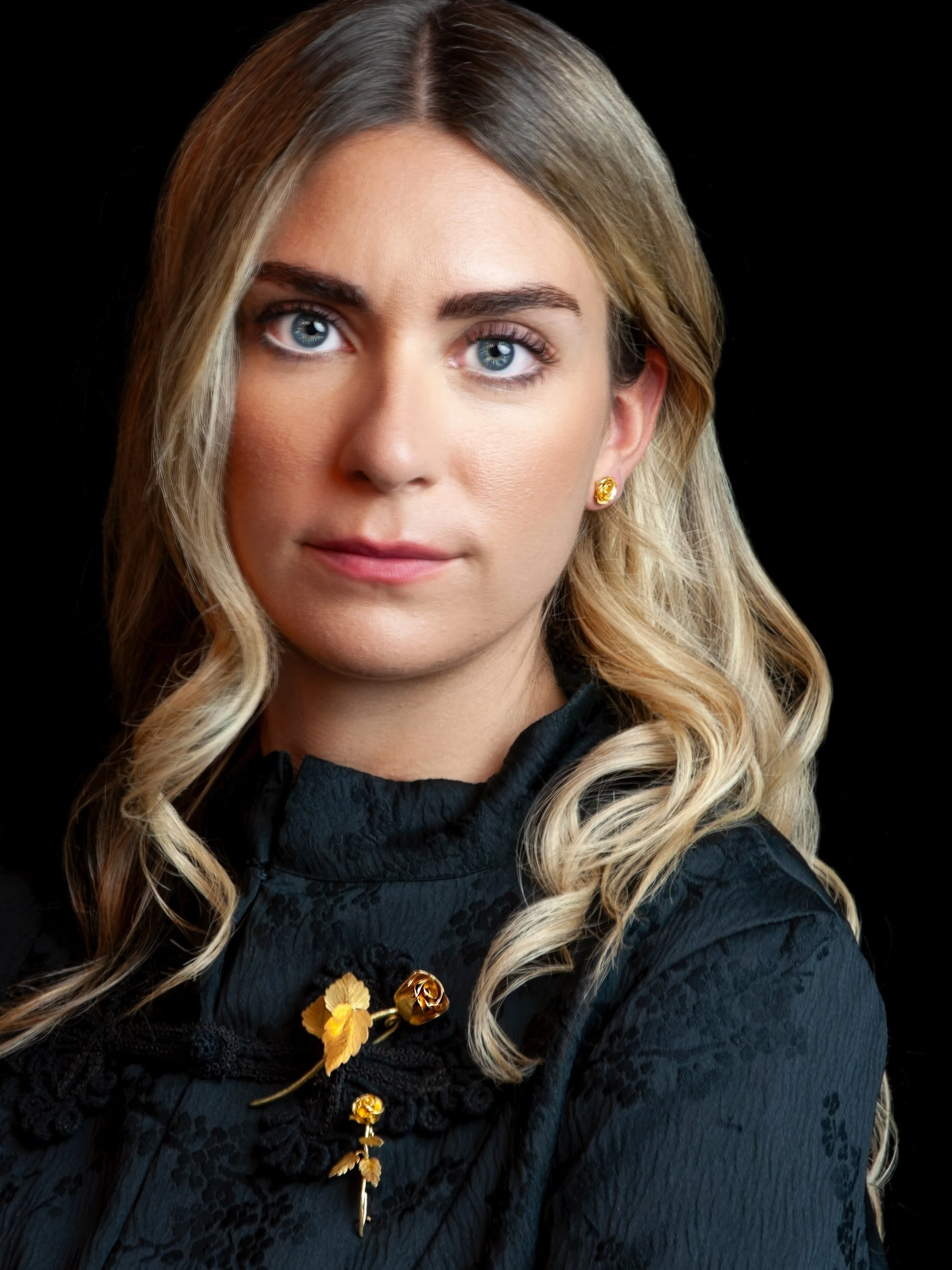 Goldsmith and model Sabrina is wearing our &ldquo;Lady Sarah Innes Rose&rdquo; brooch, &ldquo;Rosebud&rdquo; brooch, and &ldquo;Virginia Rose&rdquo; earrings &mdash; all in 22 karat gold. These works were completely hand fabricated from scratch in ou