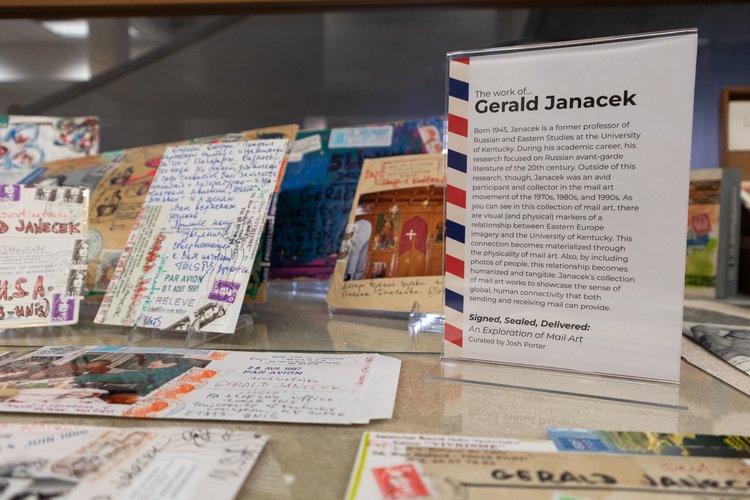 Josh Porter image of Gerald Janacek mail art in his Signed Sealed Delivered exhibition
