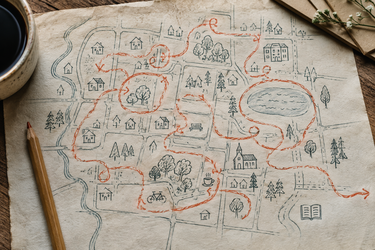 Orange crayon route through a hand-drawn map of a town