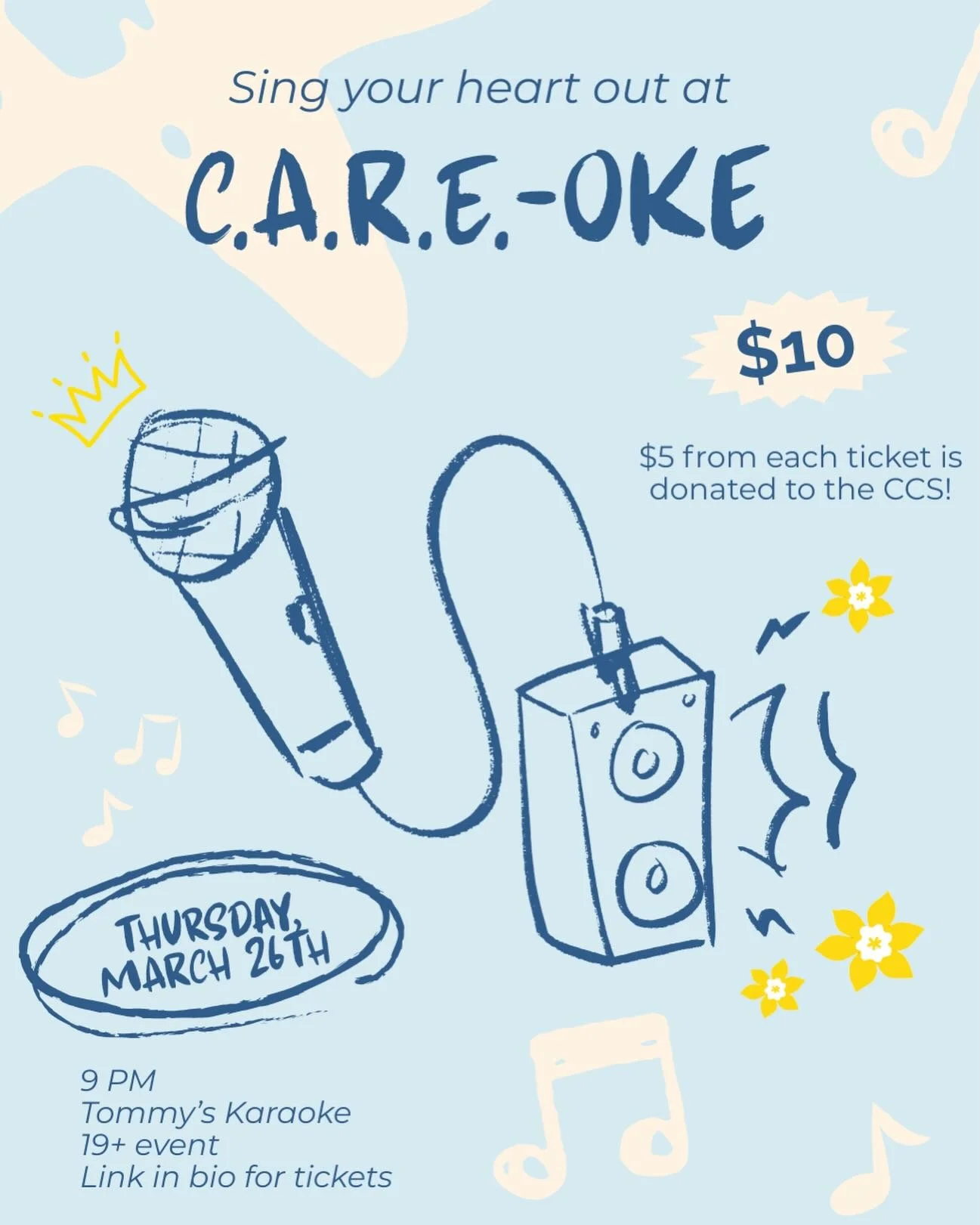 Sing your heart out for a good cause! Join ASUS Orientation at Tommy&rsquo;s Diner on Thursday, March 26, for a C.A.R.E-oke night in support of the Canadian Cancer Society 🩵💛🎵

Tickets are $10, and $5 from every purchase goes directly to the CCS. 