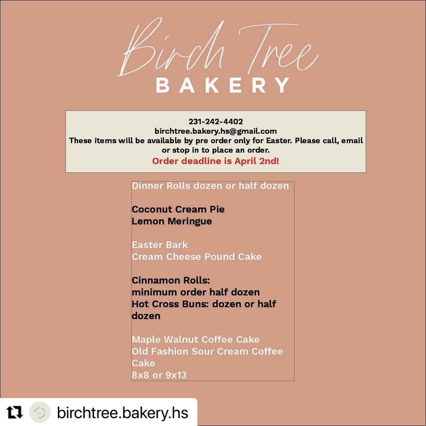 Birchtree Bakery is now taking Easter orders! Don&rsquo;t miss out on their delicious baked goods!
#downtownharborsprings #upnorth #lakelife