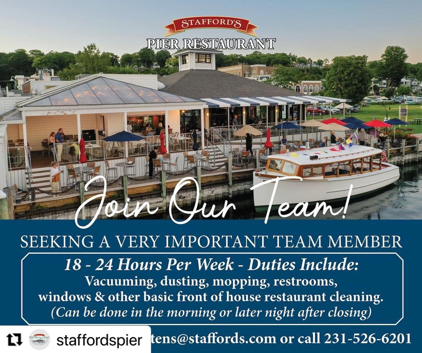 @staffordspier
・・・
We are looking to fill an essential role at Stafford's Pier Restaurant in Harbor Springs. Call or email today!