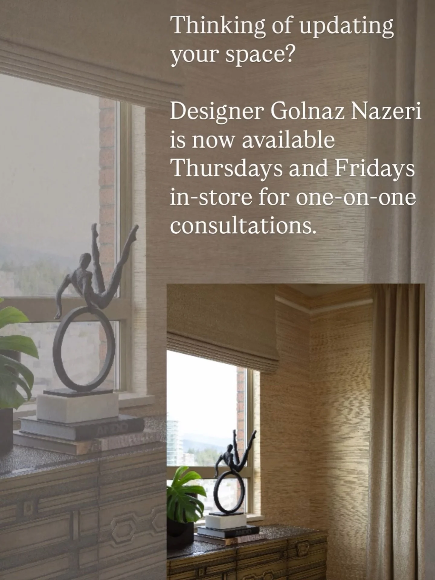 Ask the Expert… join us on Thursdays and Fridays for a complimentary consultation with our in-store Designer Golnaz Nazeri @golnazeri …Bring your ideas, photos, and questions — we’ll help you create a space you love
#interi