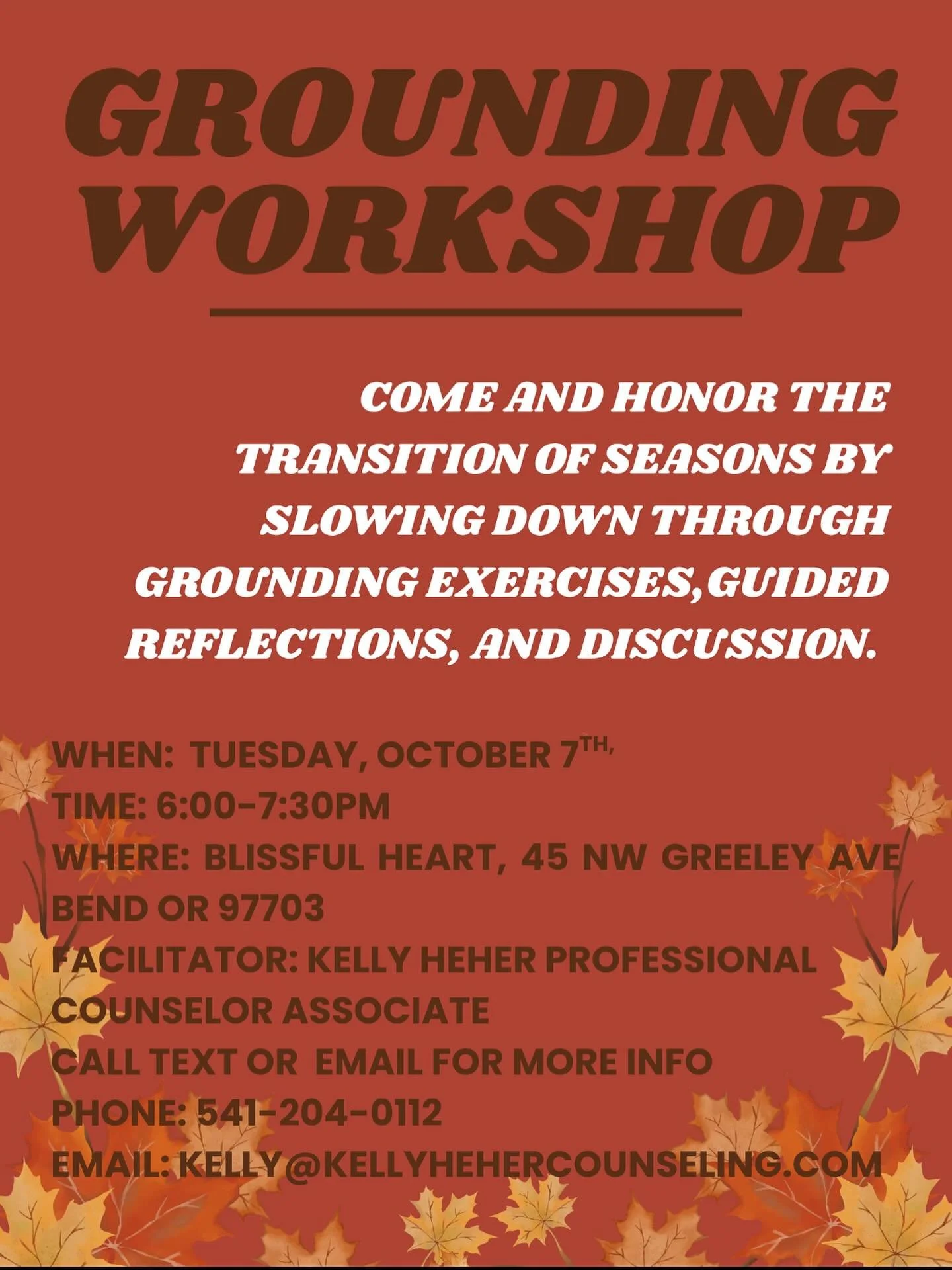 I am running an in-person workshop in Bend for those 18+ to slow down and honor the change of the seasons. This will be done by taking time for reflection and building connections with others. This will be done with grounding exercises, journal promp