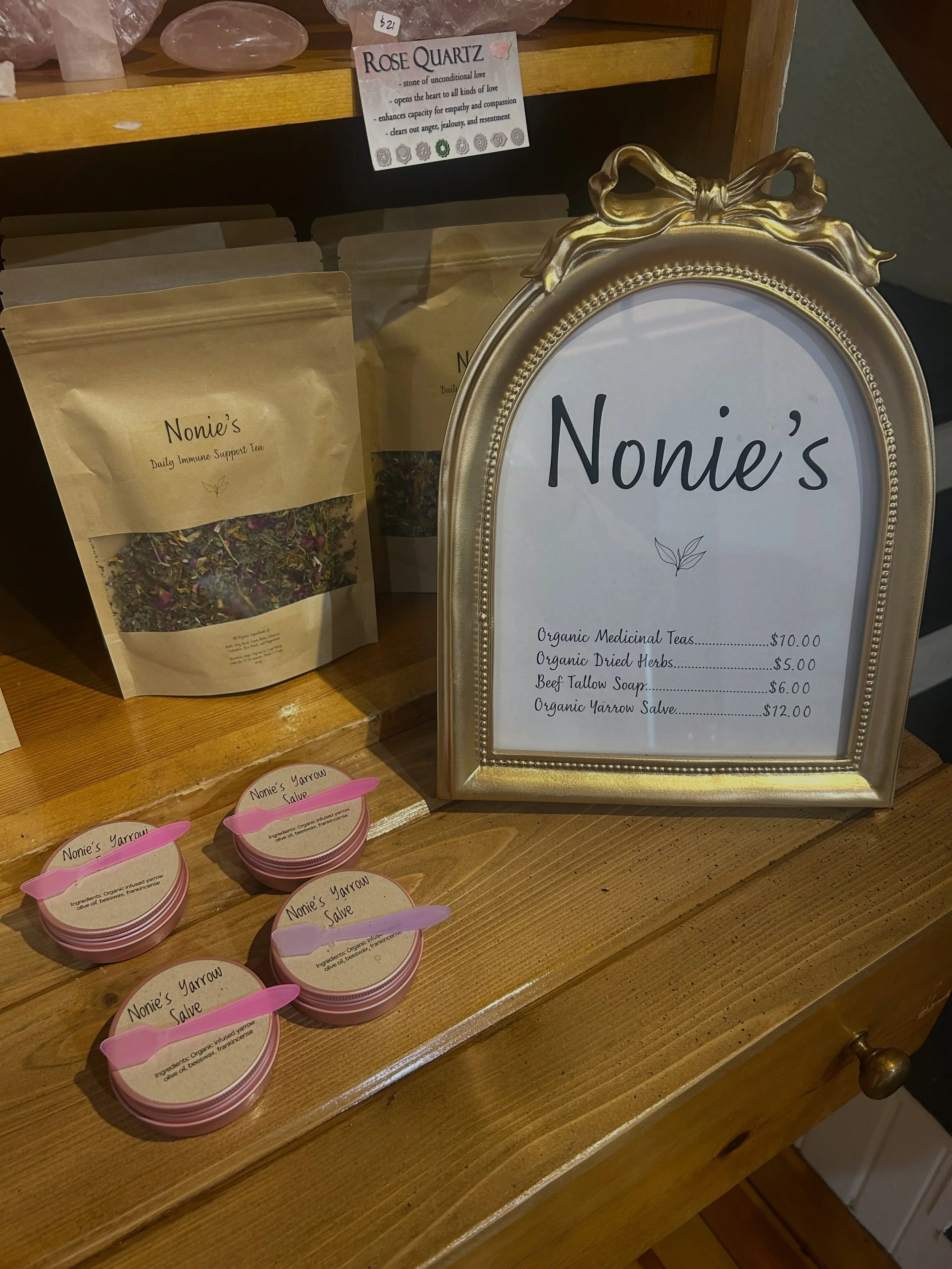 New, hand crafted yarrow salves, beef tallow soaps, medicinal teas and organic dried herbs from Nonie&rsquo;s at our Farm Stand! Welcome Nonie&rsquo;s! 🪻🫧🧼