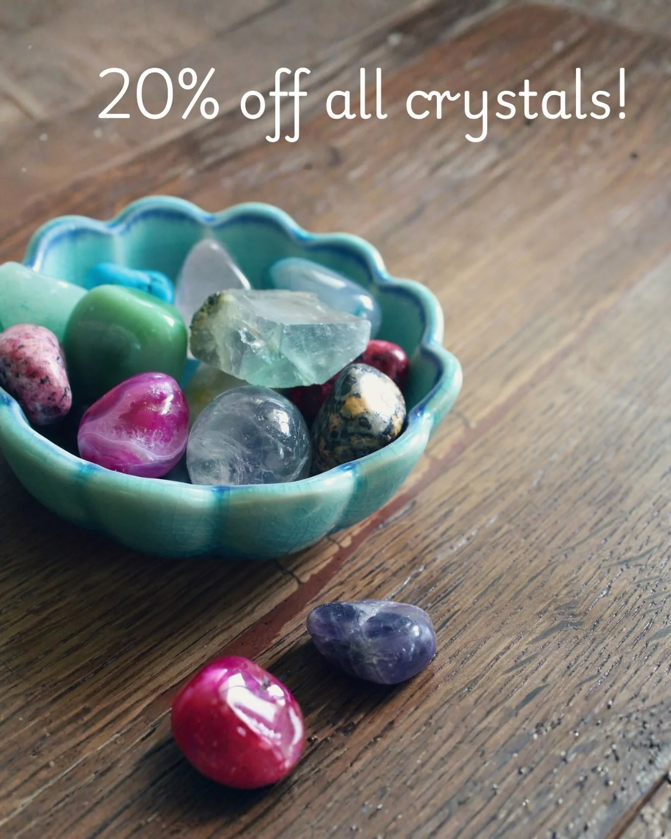 Storewide Crystal sale - take 20% off all our beautiful crystals and crystal jewelry through the end of the month! #crystalsale #shoplocal #crystalhealing