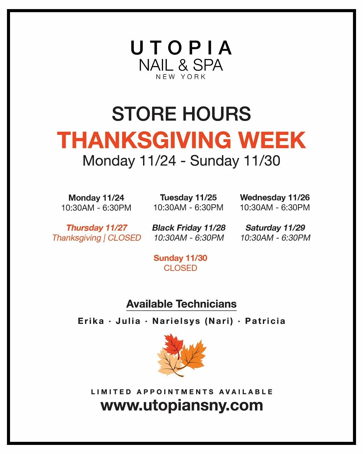 We are 2 weeks away from Thanksgiving! 🦃🍂👀

🗓️ Check out our schedule for Thanksgiving Week &amp; book your nail appointment today! It will be a booked week! 📲

Book via utopiansny.com 💫
#UtopiaNSNY