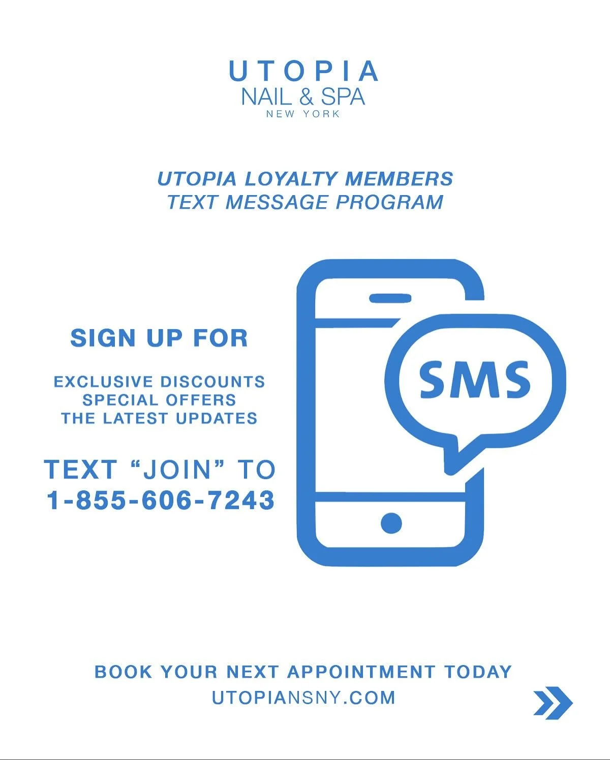 Here&rsquo;s your chance to join our loyalty text message program for exclusive discounts, offers, and the latest updates for loyalty members only! 💫📲

Join today and book your next appointment for the Thanksgiving holidays 🍁💅
#UtopiaNSNY