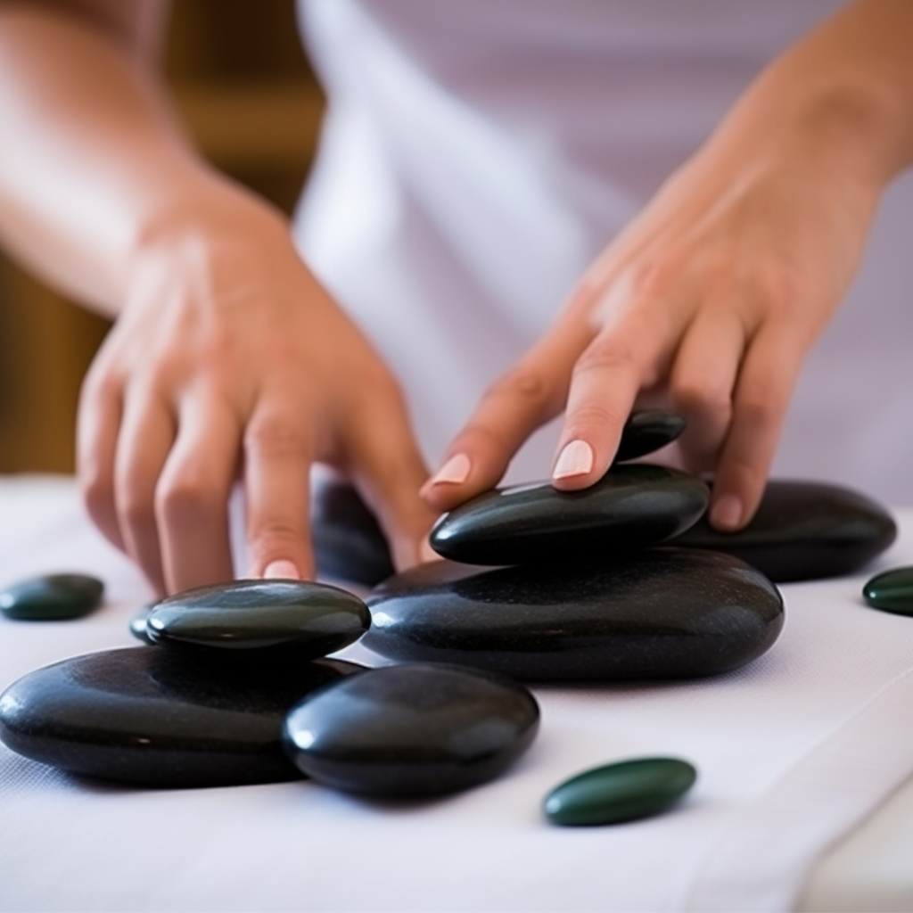 Person arranging black smooth stones on a white surface.
