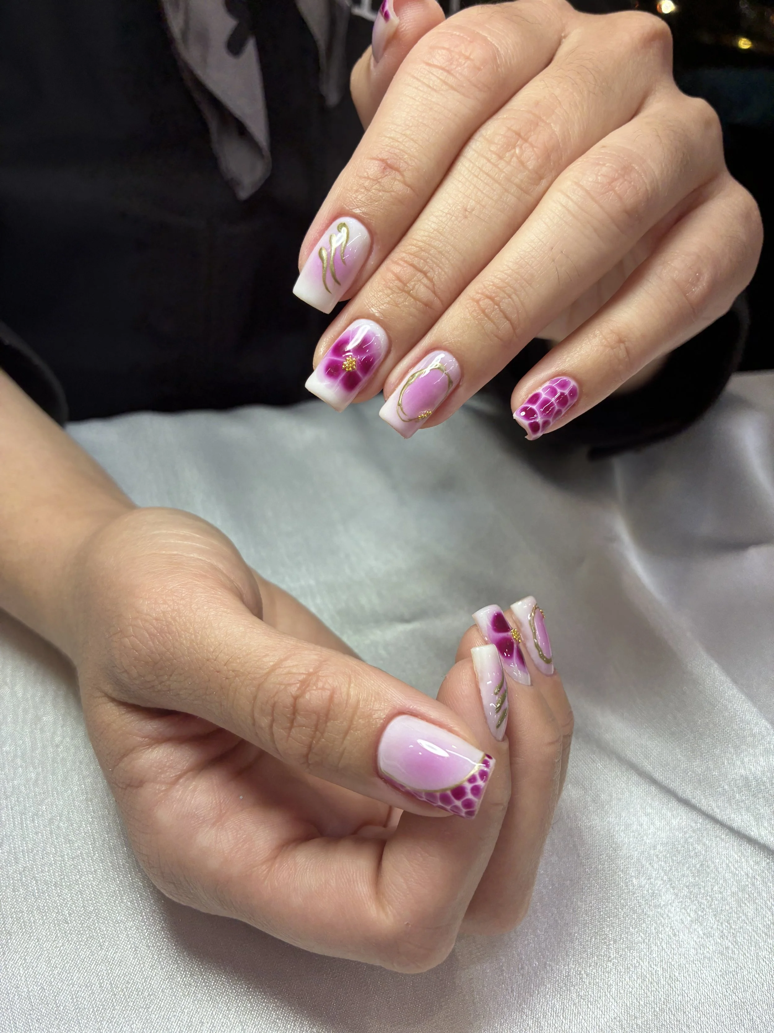 Builder Gel Overlay Manicure with Chrome, Blooming, Gems and Aura Designs