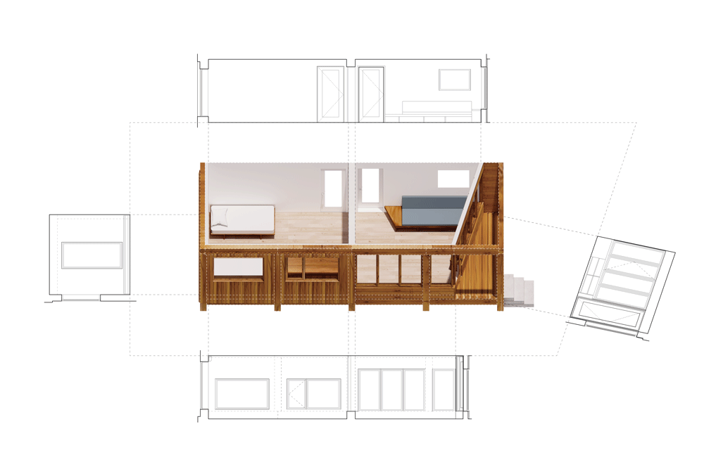 Floor plan of a two-story building with the interior layout visible, showing two bedrooms, a staircase, and wooden flooring, with outlines of other rooms and structures around the main section.