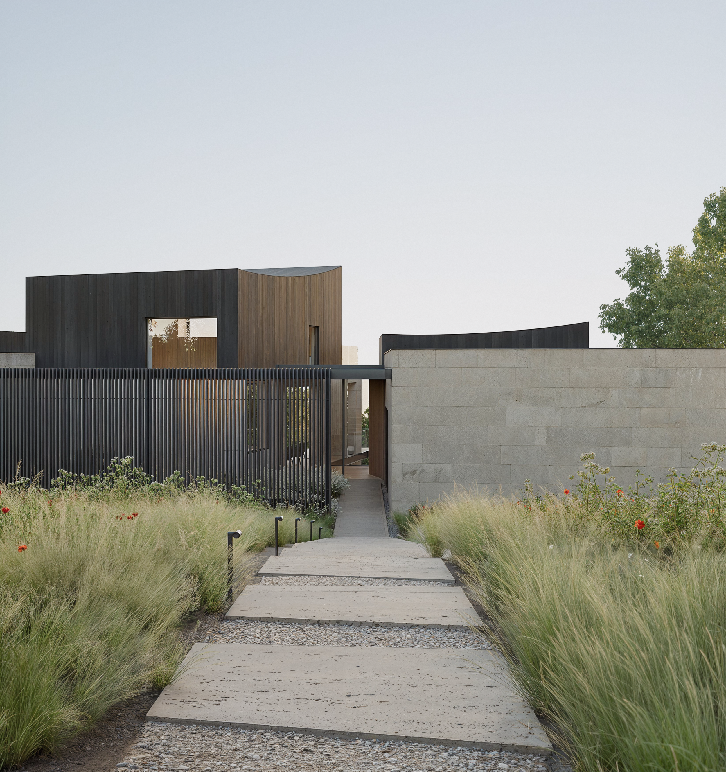 Modern residential building with dark wooden and concrete exterior, accessible concrete pathway leading to entrance, surrounded by tall grasses and small flowering plants, clear sky in the background.