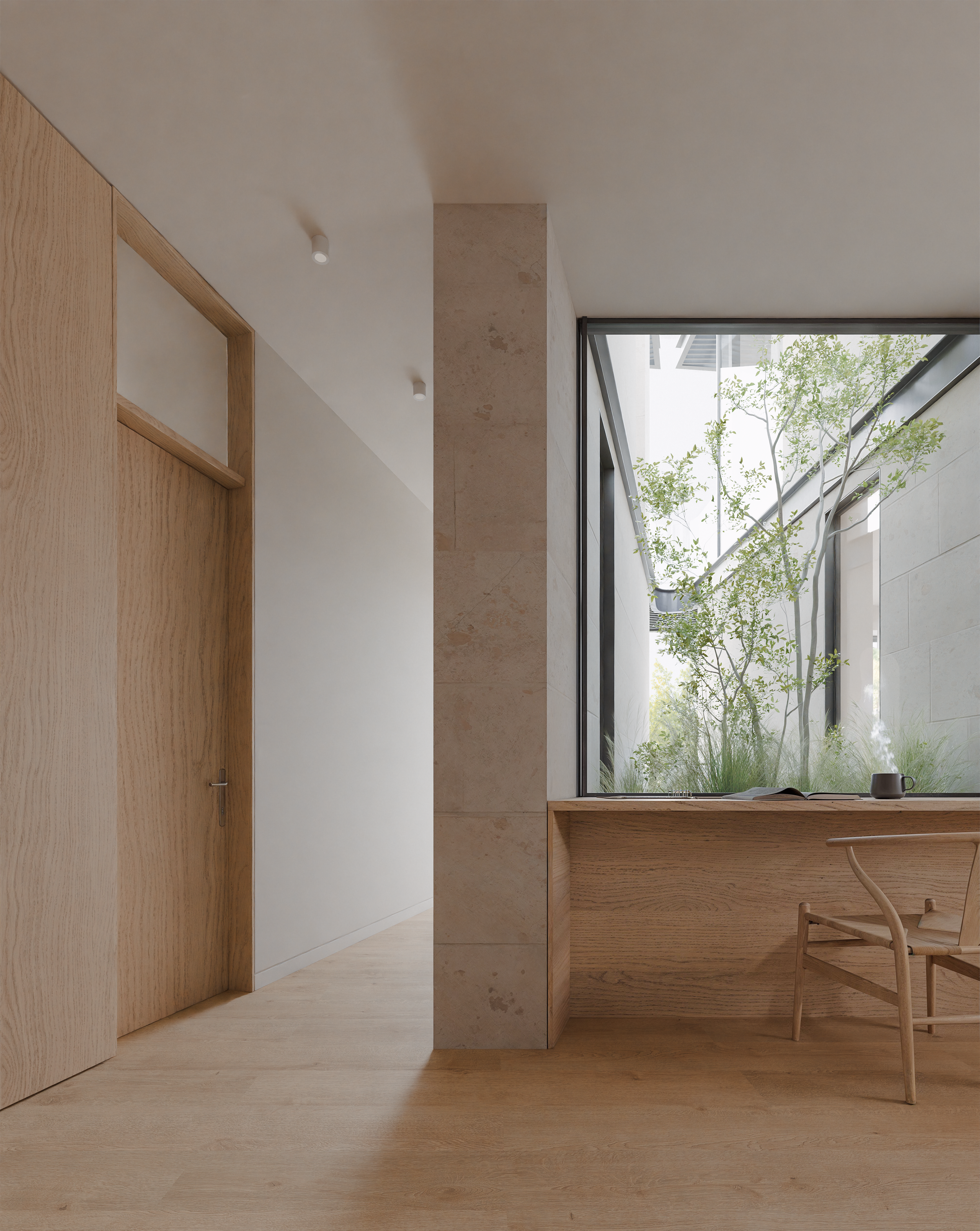 Minimalist room with wooden door, light-colored wood flooring, and a large window overlooking an outdoor garden with green plants and a tree.
