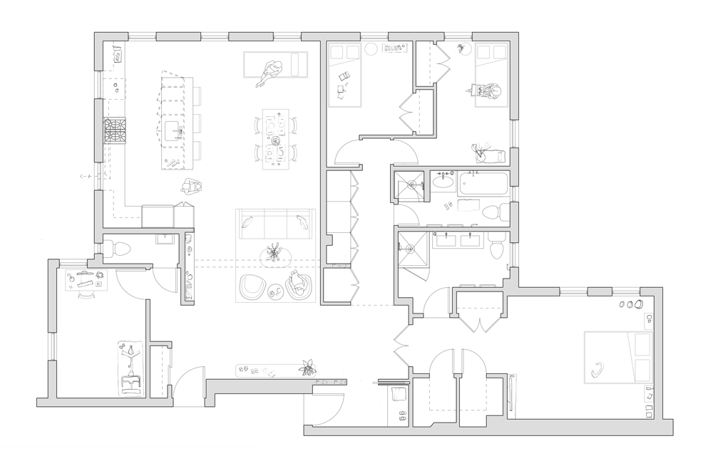 Line drawing of a house floor plan with various rooms including a kitchen, dining area, living room, bedrooms, bathrooms, and utility spaces.