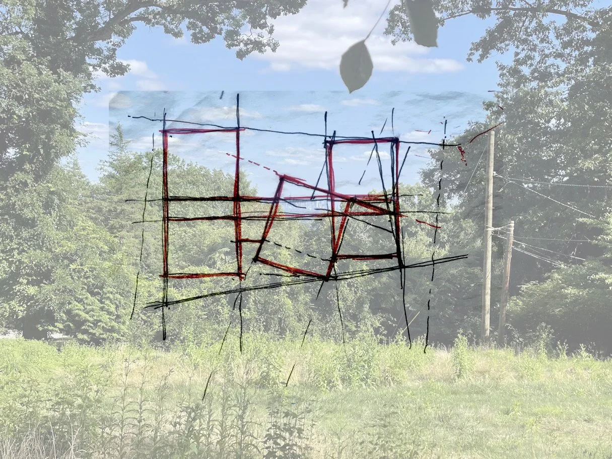 A transparent overlay with a hand-drawn geometric grid and shapes in black and red lines, placed over a background of a rural landscape with trees, grass, and utility poles under a partly cloudy sky.