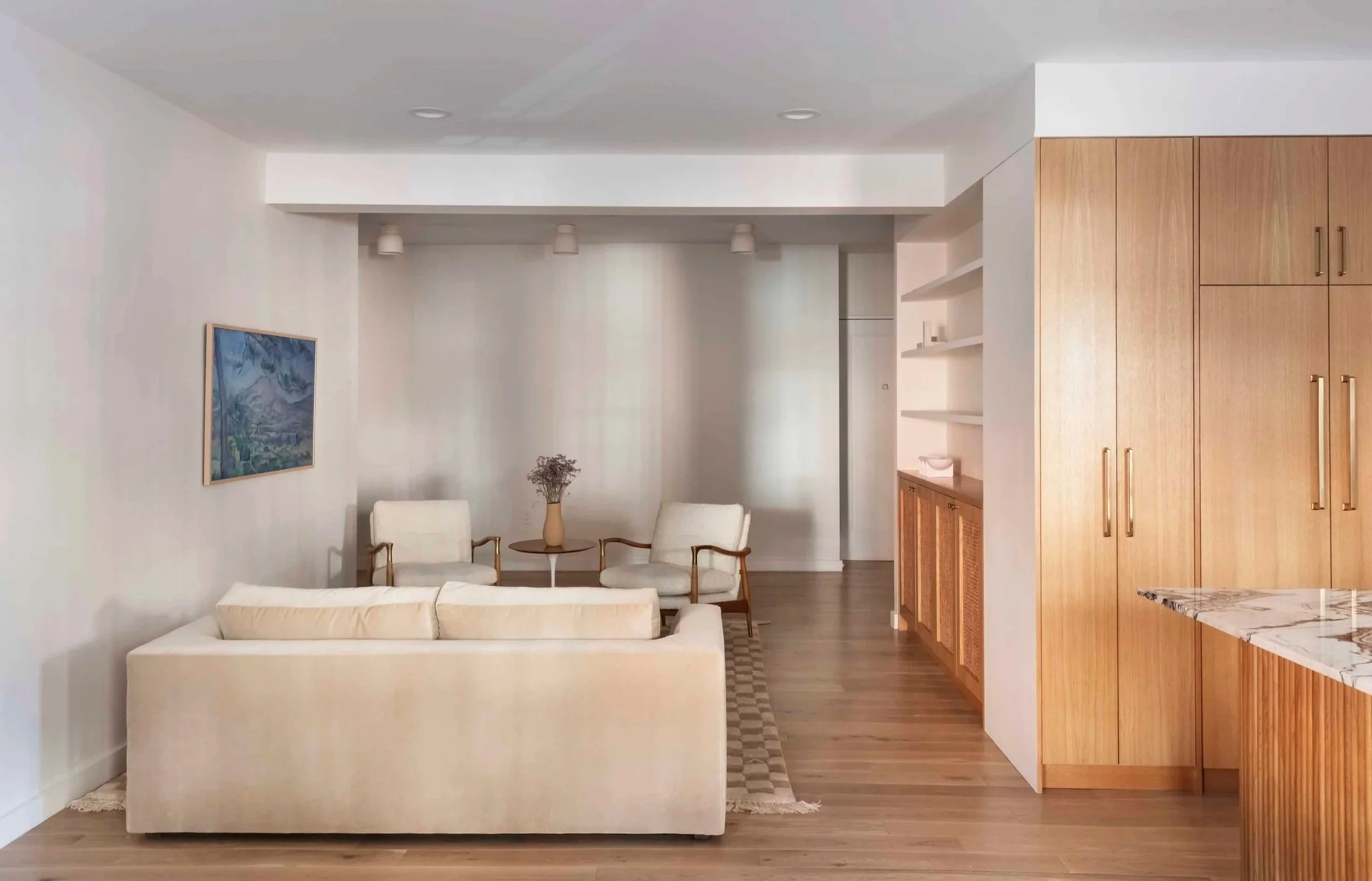 Custom living room millwork and wood flooring, Prospect Heights, Brooklyn residential renovation by MCV.