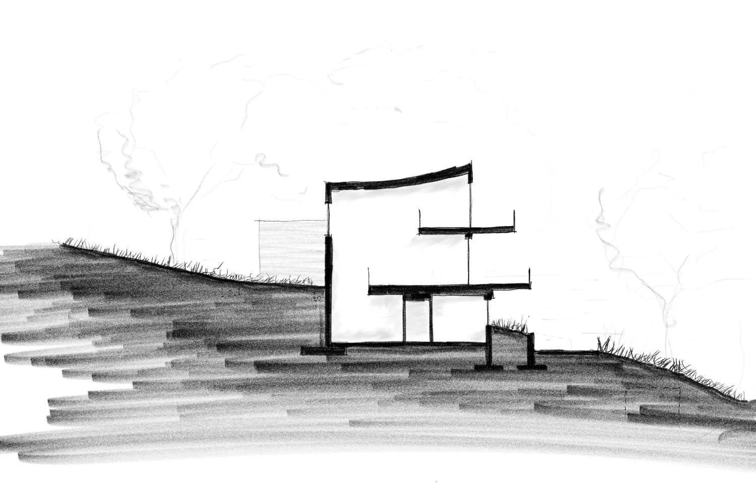 Architectural cross-section drawing of a modern multi-story house on a sloped landscape, with visible black and white structural elements and some trees in the background.