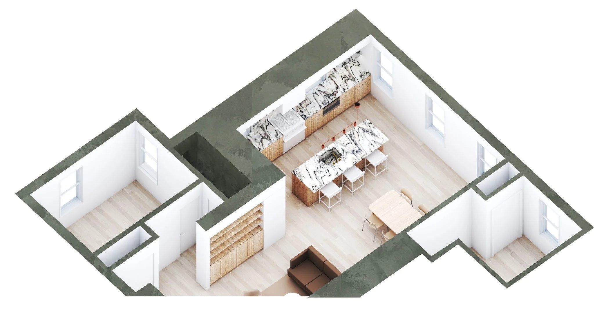 3D floor plan of an open-concept modern apartment with a kitchen featuring marble countertops, bar stools, two dining chairs, a brown sofa, and two bedrooms.
