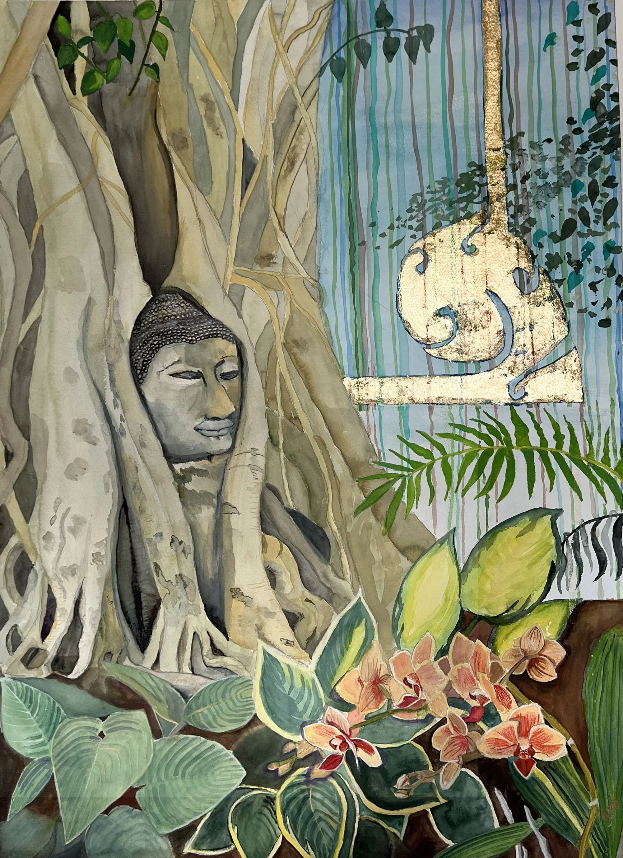 "Sacred Tree"  Water -colour on paper with gold leaf.  Prints also available