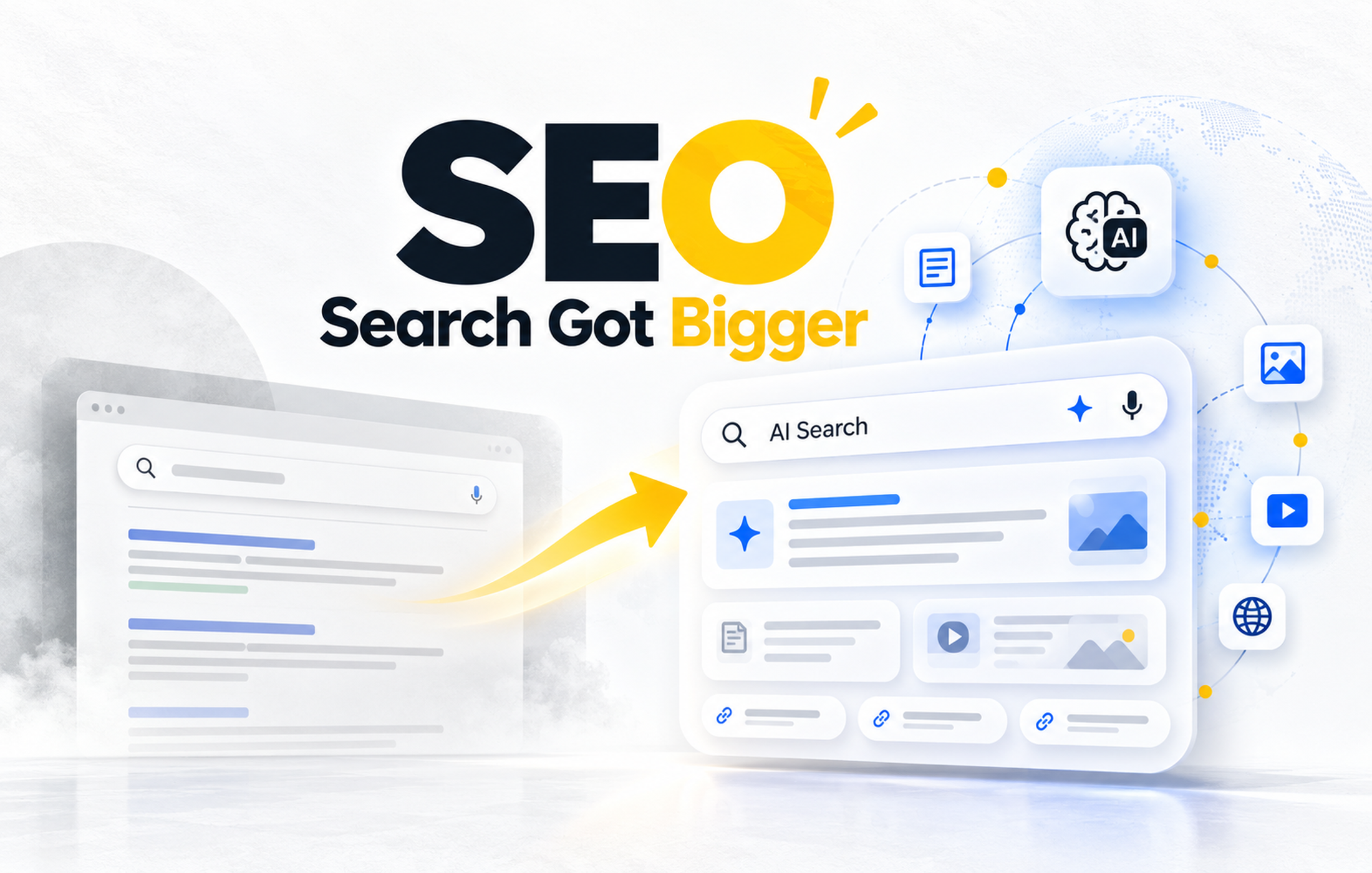 SEO and AI search concept showing the evolution from traditional Google search to AI-powered search and generative engine optimization.