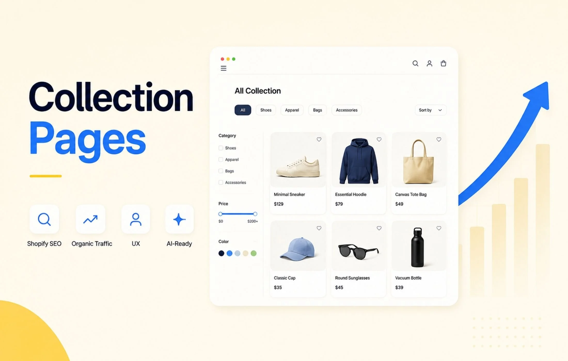 Minimalist illustration of a Shopify collection page with product filters, SEO icons, and an upward arrow representing increased organic traffic.
