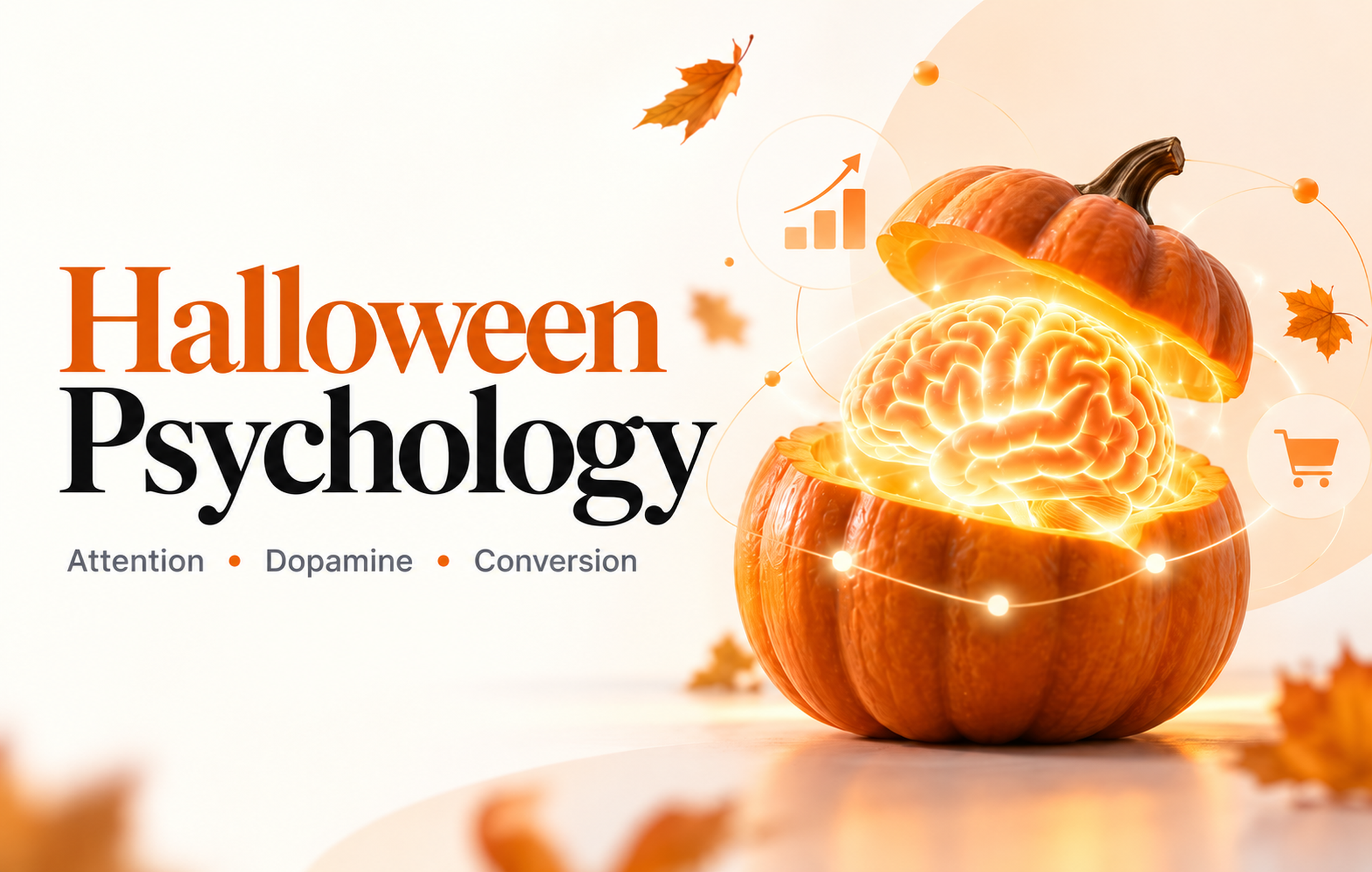 Halloween marketing psychology concept featuring a glowing brain inside a pumpkin, symbolizing consumer attention, dopamine, and conversions.