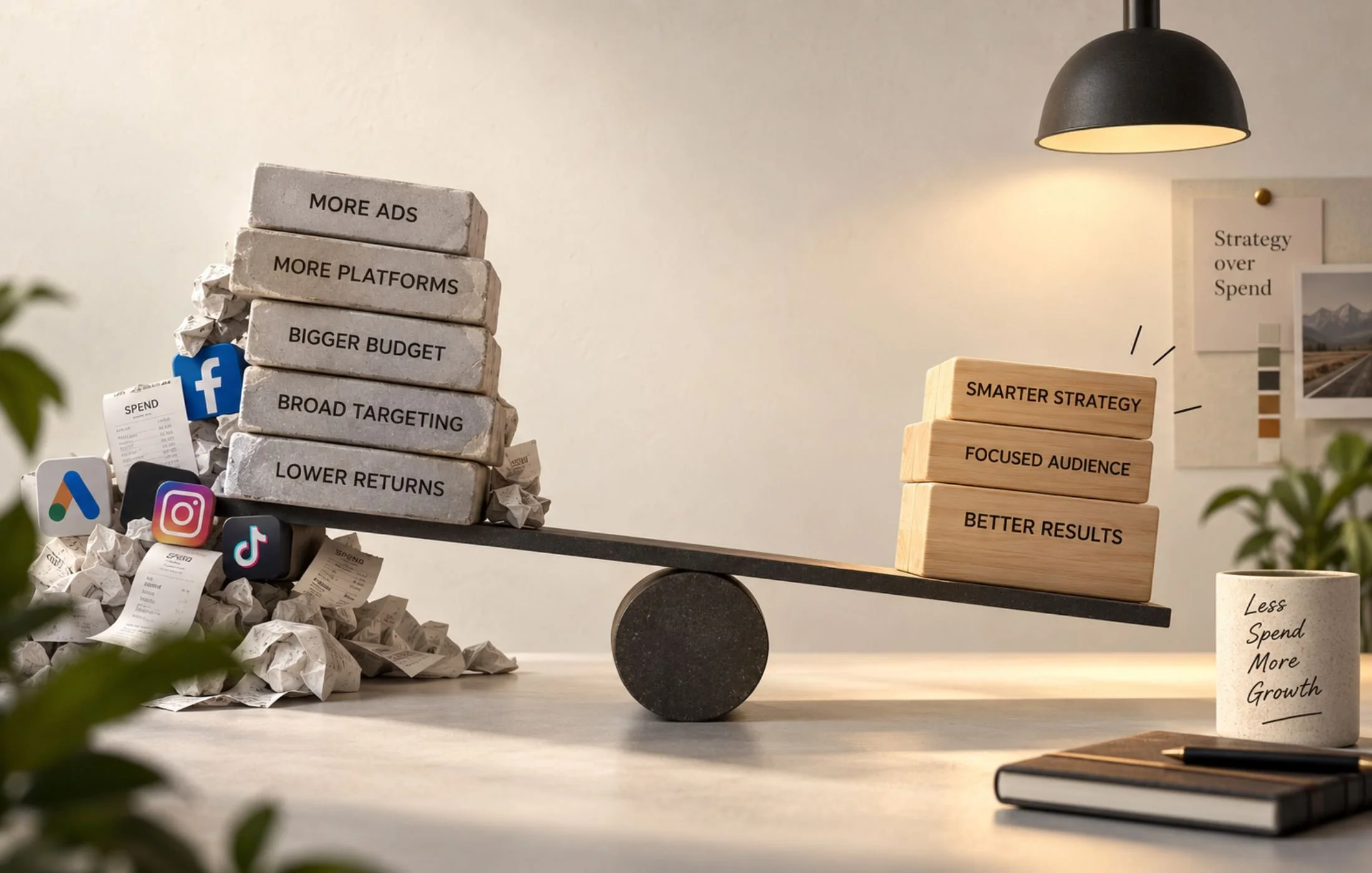 Creative marketing efficiency concept showing wasted ad spend and broad targeting on one side, contrasted with focused strategy, stronger offers, efficient channels, and better results on the other.