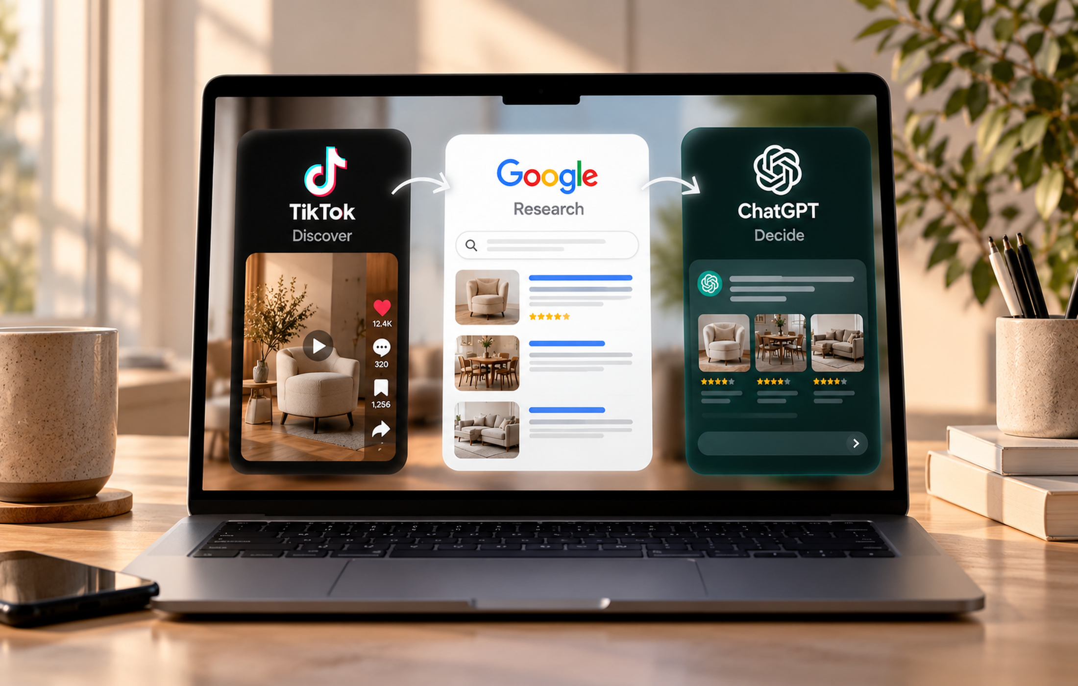 Laptop screen displaying TikTok, Google, and ChatGPT, illustrating how customers discover, research, and choose businesses online.