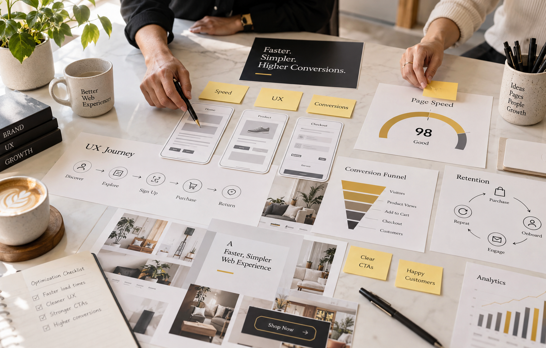 Website optimization strategy workspace showing UX journey, page speed, conversion funnel, retention, mobile layouts, and analytics for improving e-commerce growth.