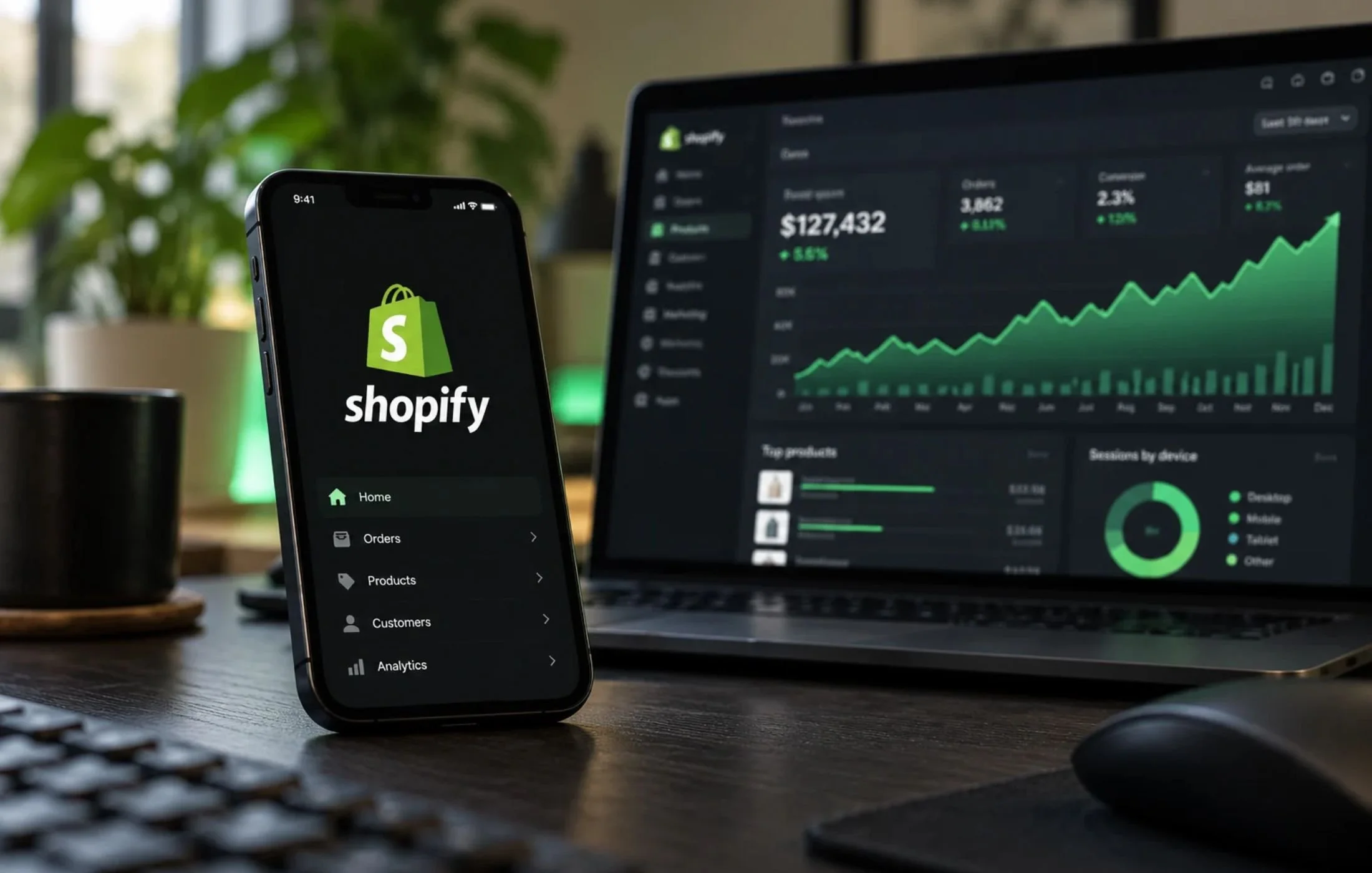 hopify dashboard displayed on a smartphone and laptop, showing ecommerce sales analytics, revenue growth charts, and store performance metrics.