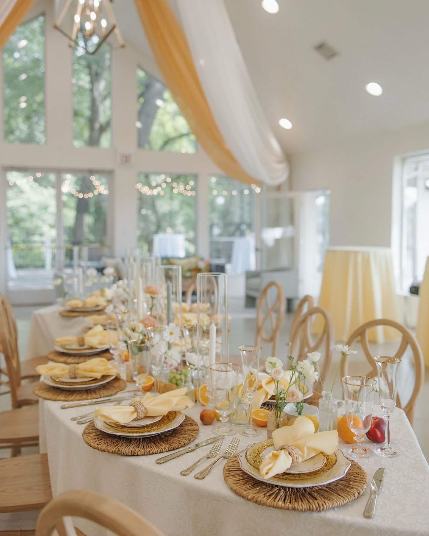 It&rsquo;s like we fell straight into a summer daydream 🌞🍯🍋

photo / @riannhassell 
draping / @danielweirdesign 
florals / @dahlia_floral_design 
linens + place setting / @partyprorents
suits / @revive.apparel_ 
officiant / @cathymack_greencountry