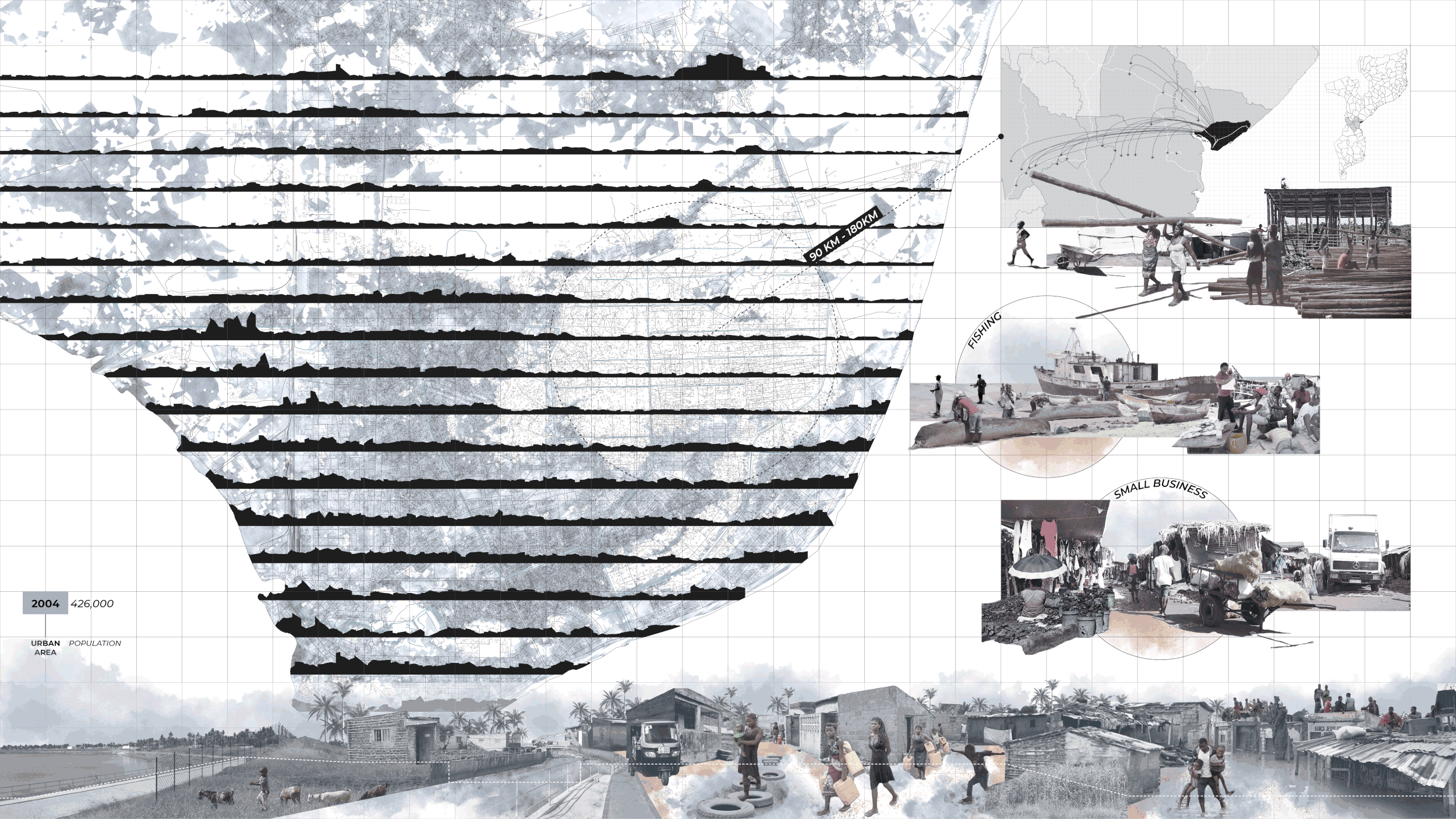 “Flooding” is a consequence of unplanned sprawl into low-lying agricultural land. 

The resettlement plan the government put in place (top right) disregards people’s livelihoods and defines “risk zones” in the city, instead of recognizing the potenti