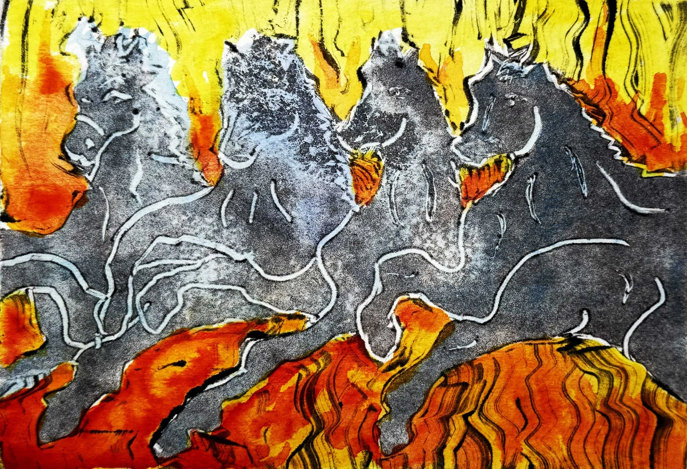Original mono print by Debra Lennox of galloping black and white horses in flames of yellow and red