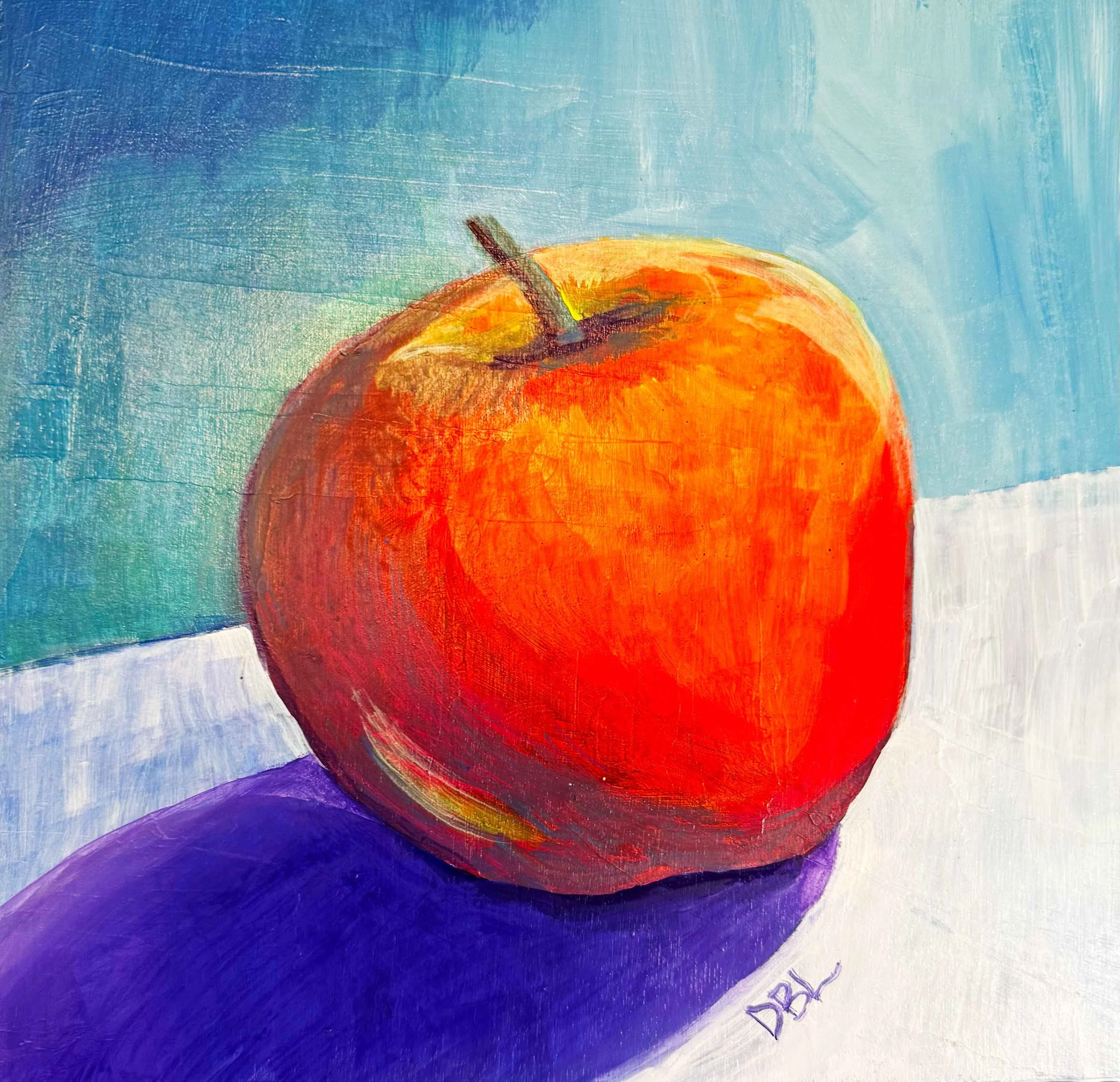 red apple painting with purple shade, blue background