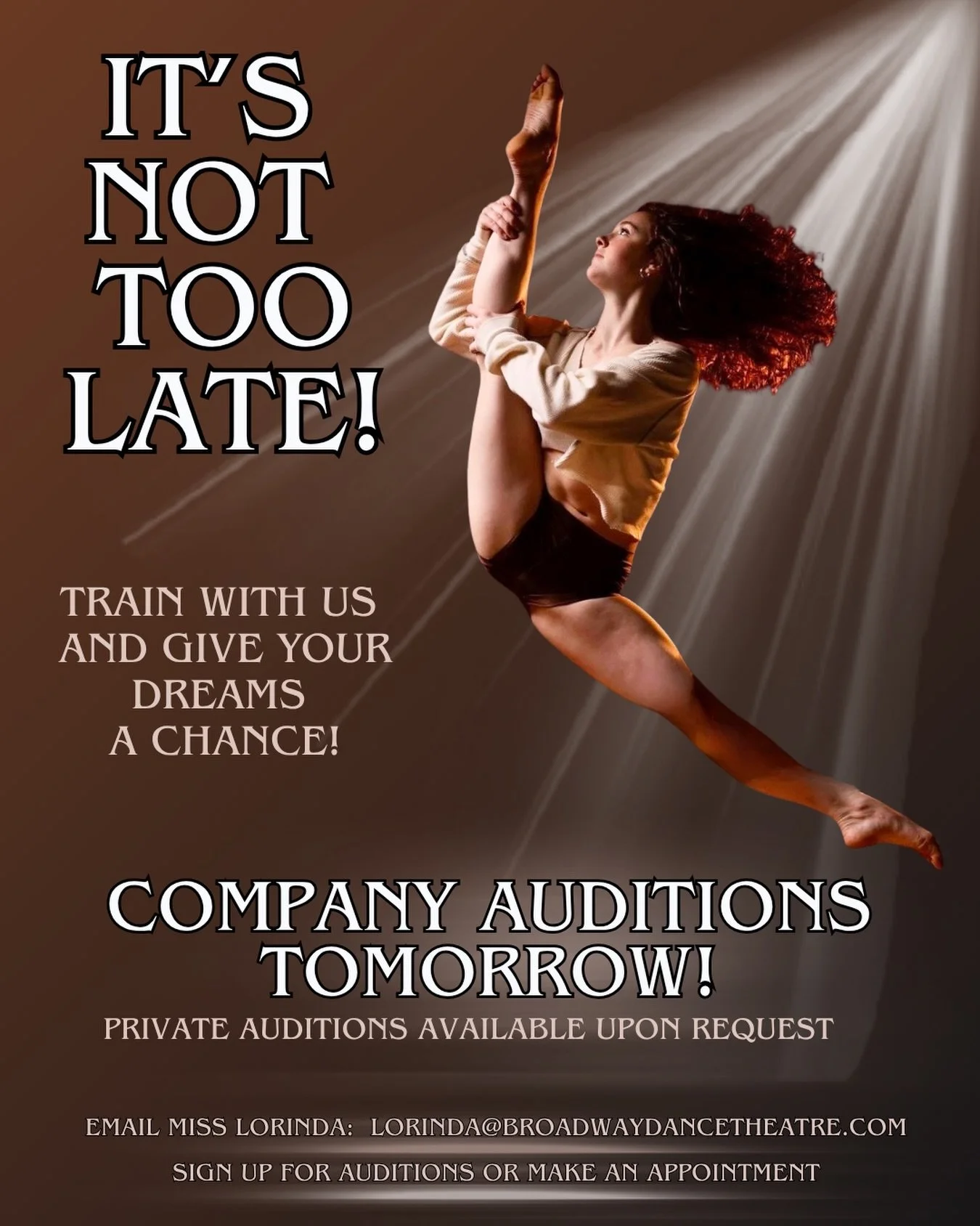 ✨ Join the BDT family! ✨

Looking for a place that will challenge you, inspire you, and support your dreams every step of the way? At Broadway Dance Theatre, we believe in training dancers while nurturing confidence, artistry, and a lifelong love of 