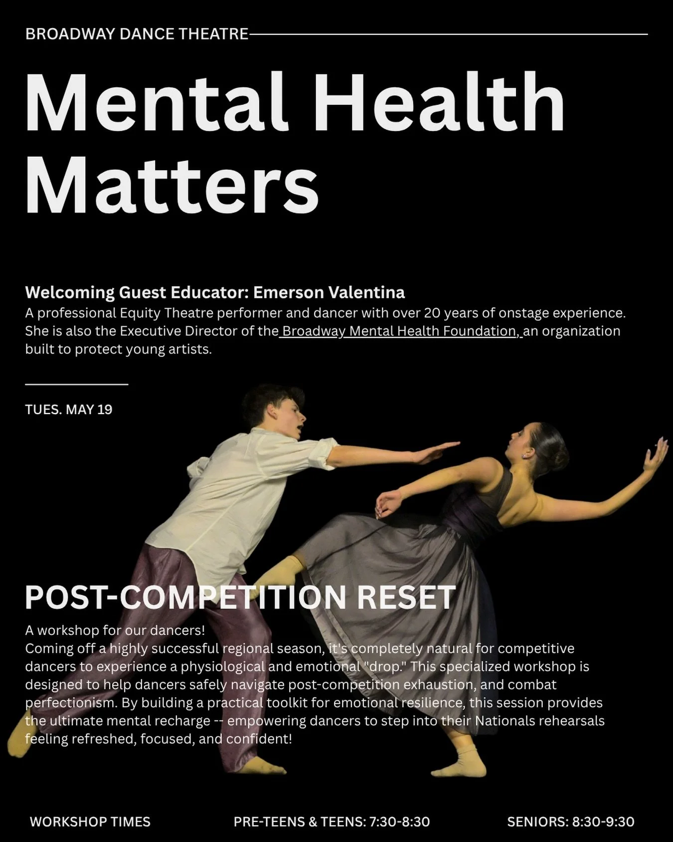 We are thrilled to be bringing this workshop to our dancers! At BDT, we value dance education, performance, and competitive training&mdash;but just as importantly, we believe in teaching our dancers to prioritize their mental health and care for thei