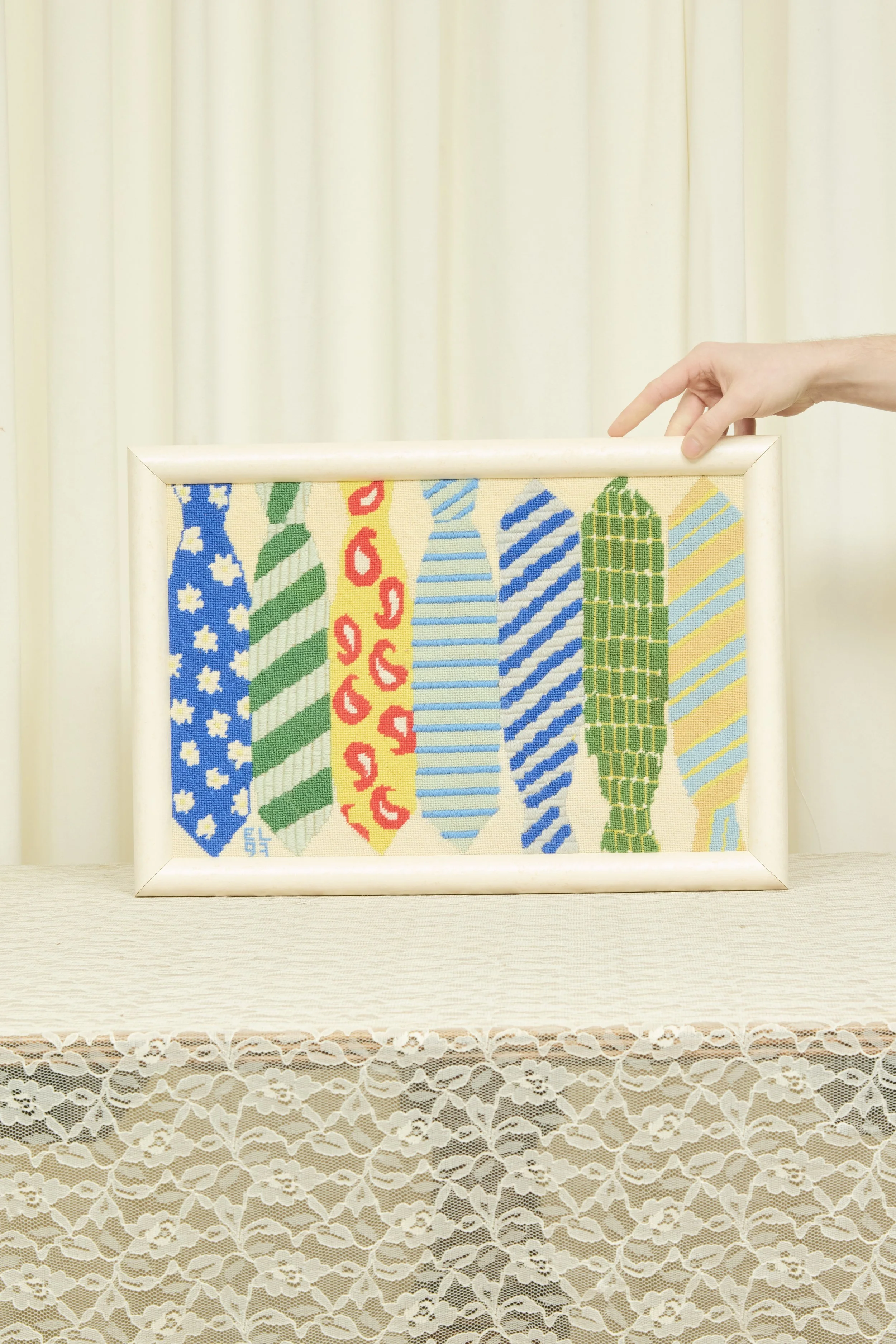 Vintage Necktie Framed Needlepoint